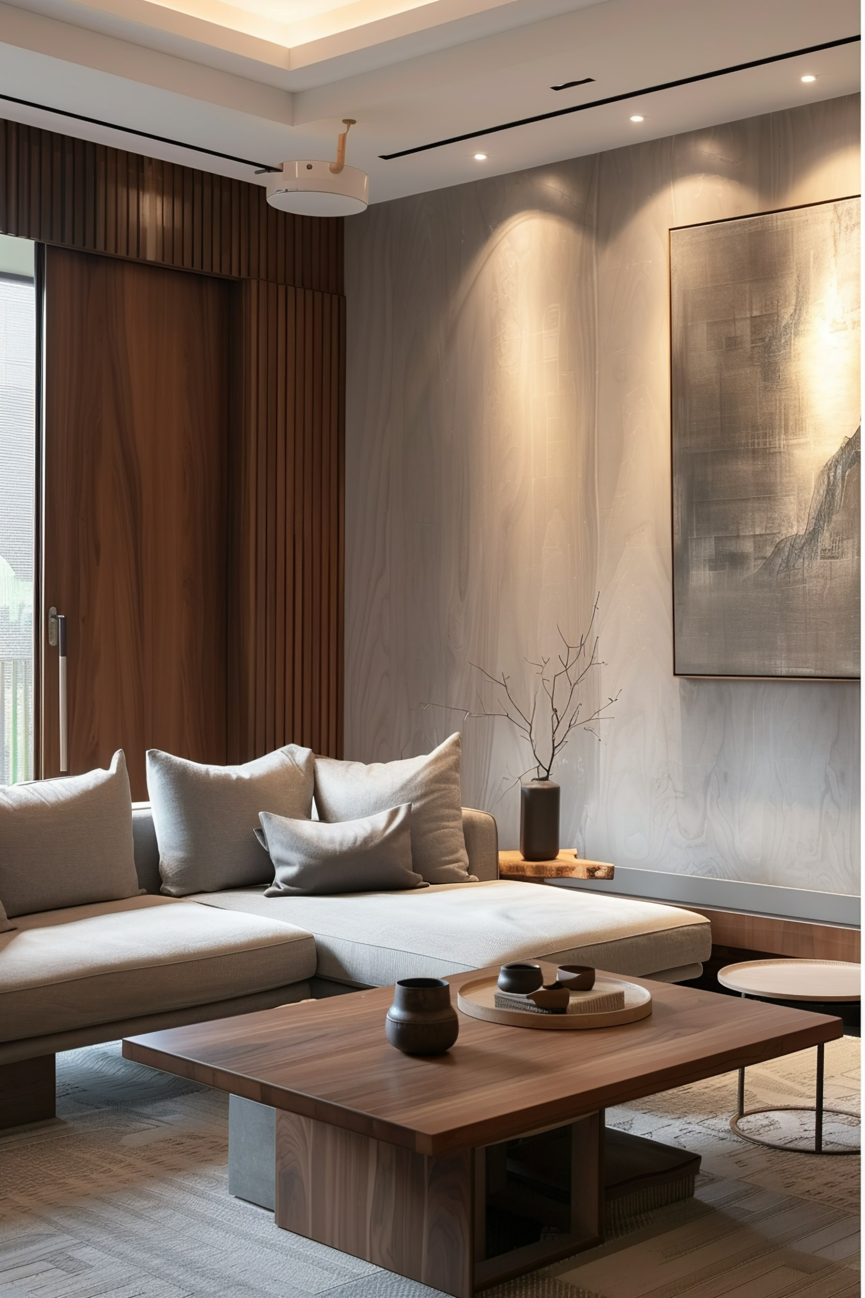 Modern living room with beige sofa, wooden tables, minimalist decor, and abstract wall art, bathed in warm natural light.