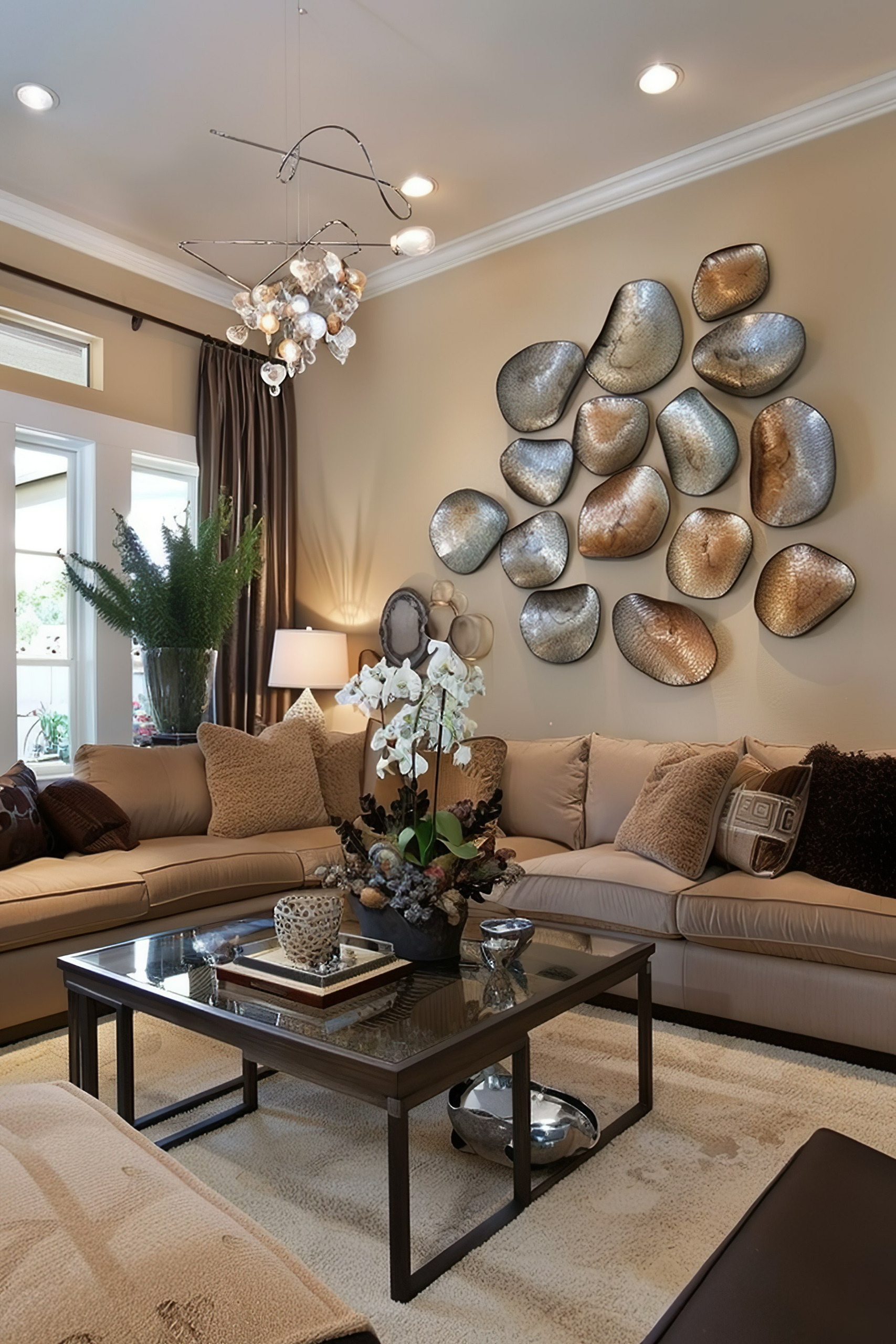 "Elegant living room with beige couches, glass coffee table, metallic wall decor, and modern chandelier."