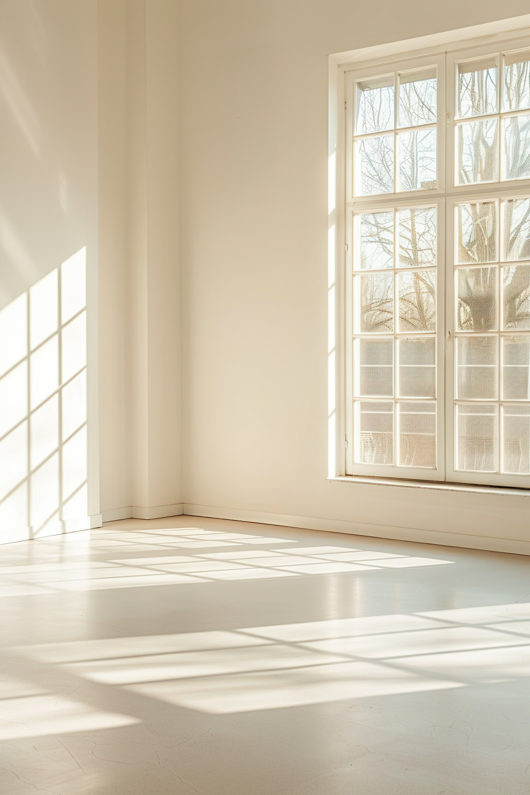 Sunlight casting geometric shadows on an empty room floor through a large window with a view of bare tree branches.