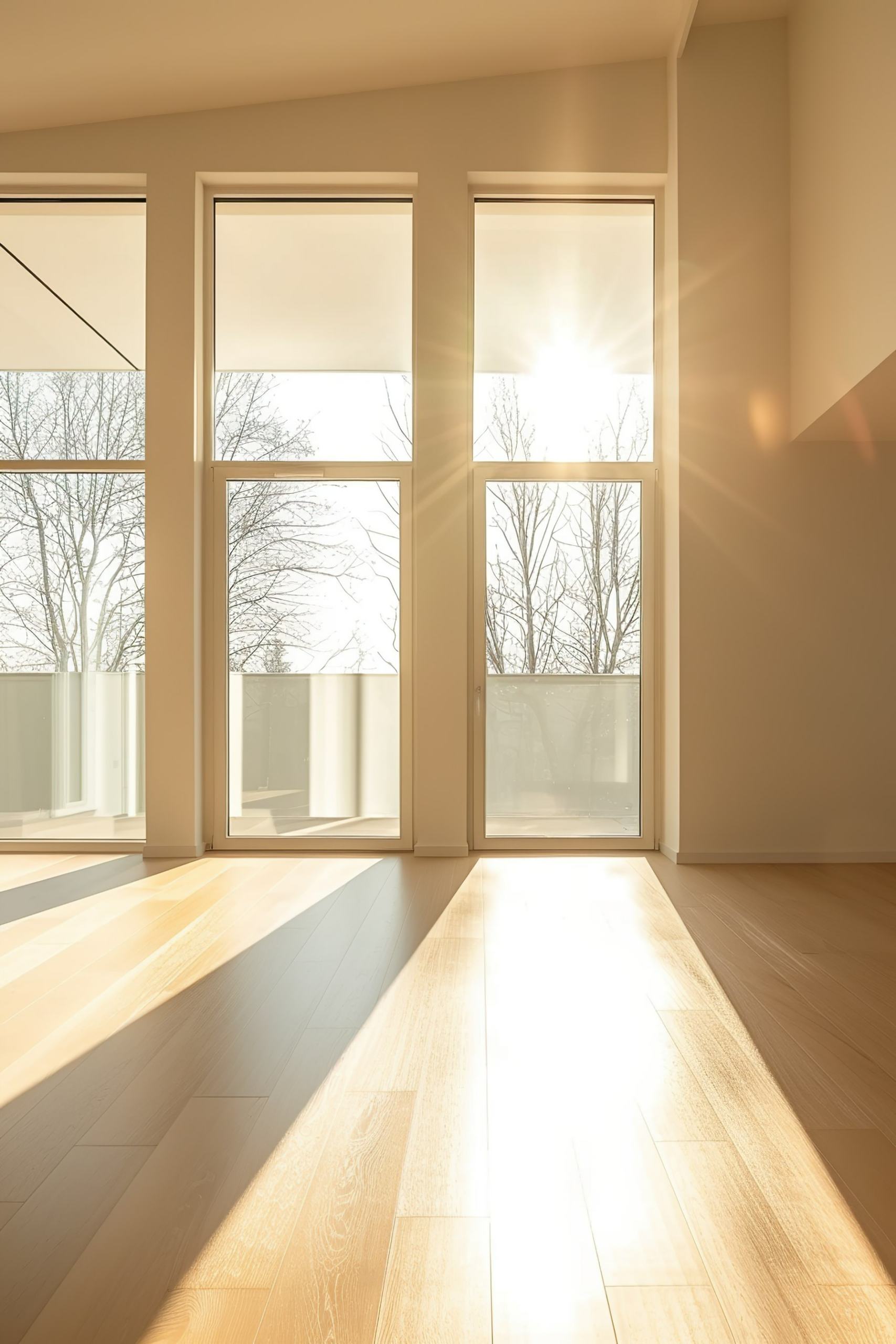 Sunlight streaming through tall windows in an empty room with hardwood floors, casting soft shadows.