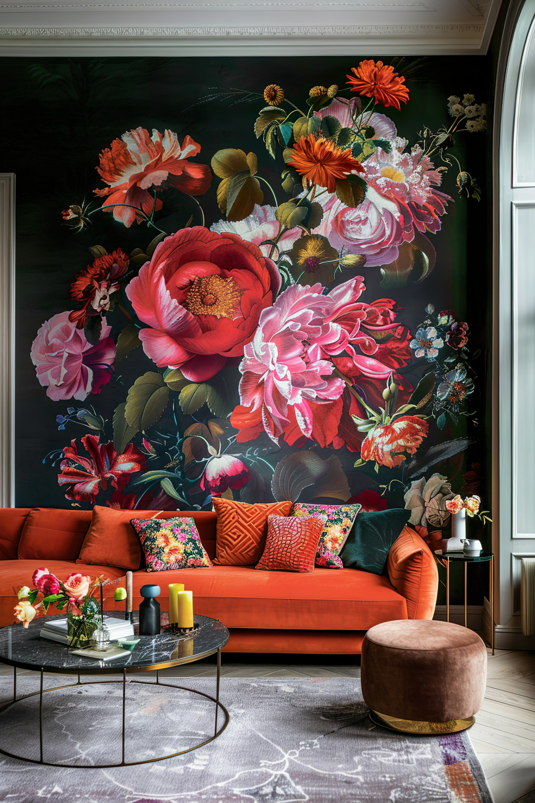 Elegant living room with a vibrant floral wallpaper, orange sofa with patterned cushions, marble-topped coffee table, and velvet ottoman.