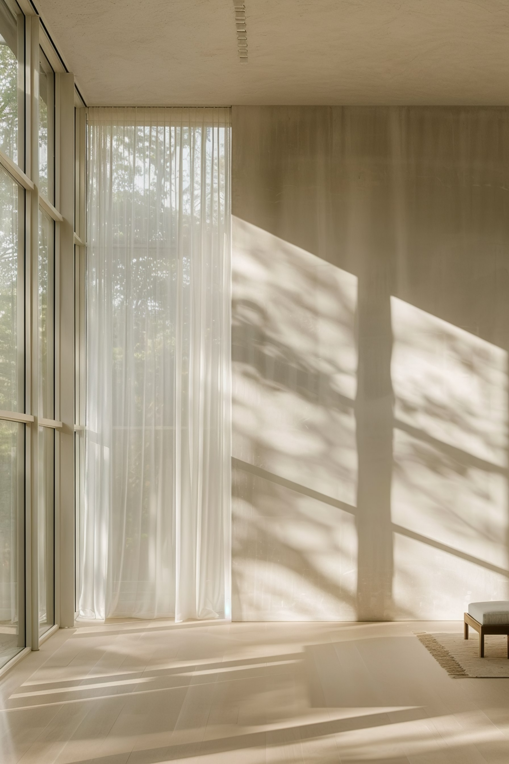 Sunlight casting shadows through sheer curtains in a serene room with large windows and a single bench.