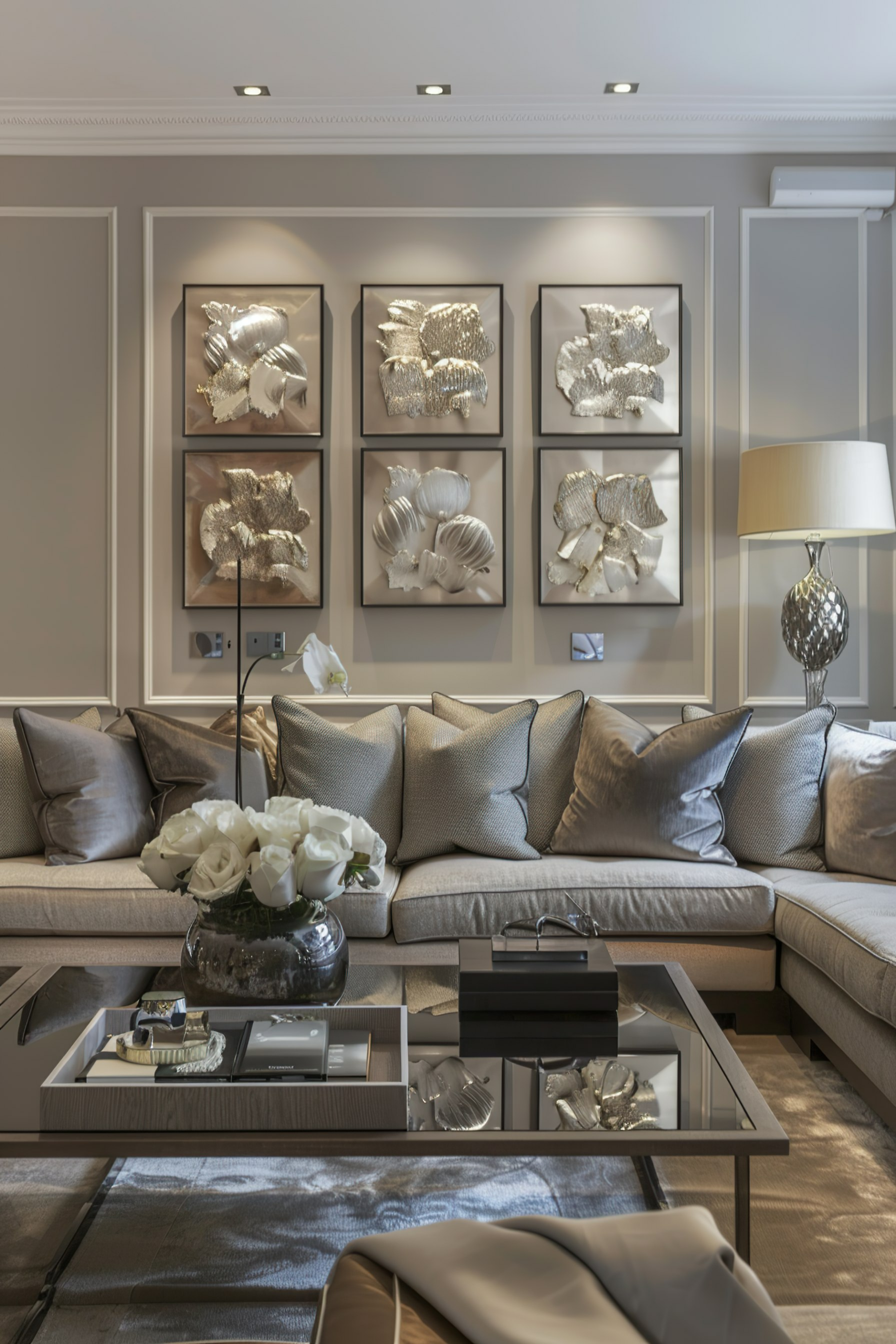 Elegant living room with a neutral-toned sectional sofa adorned with throw pillows, framed metallic floral artwork, and a coffee table with decor.