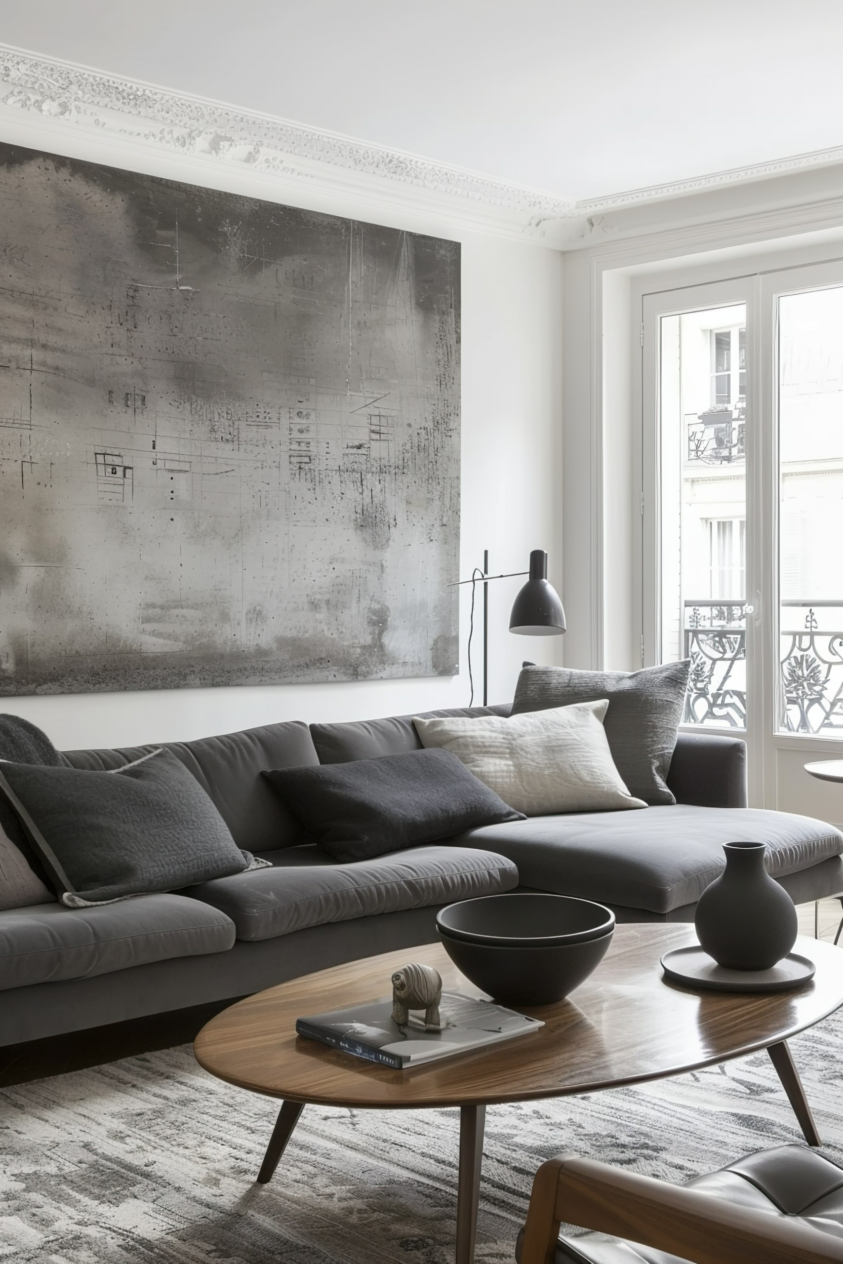 Modern living room with a large dark abstract painting above a gray sectional sofa, a round wooden coffee table, and ornate molding.