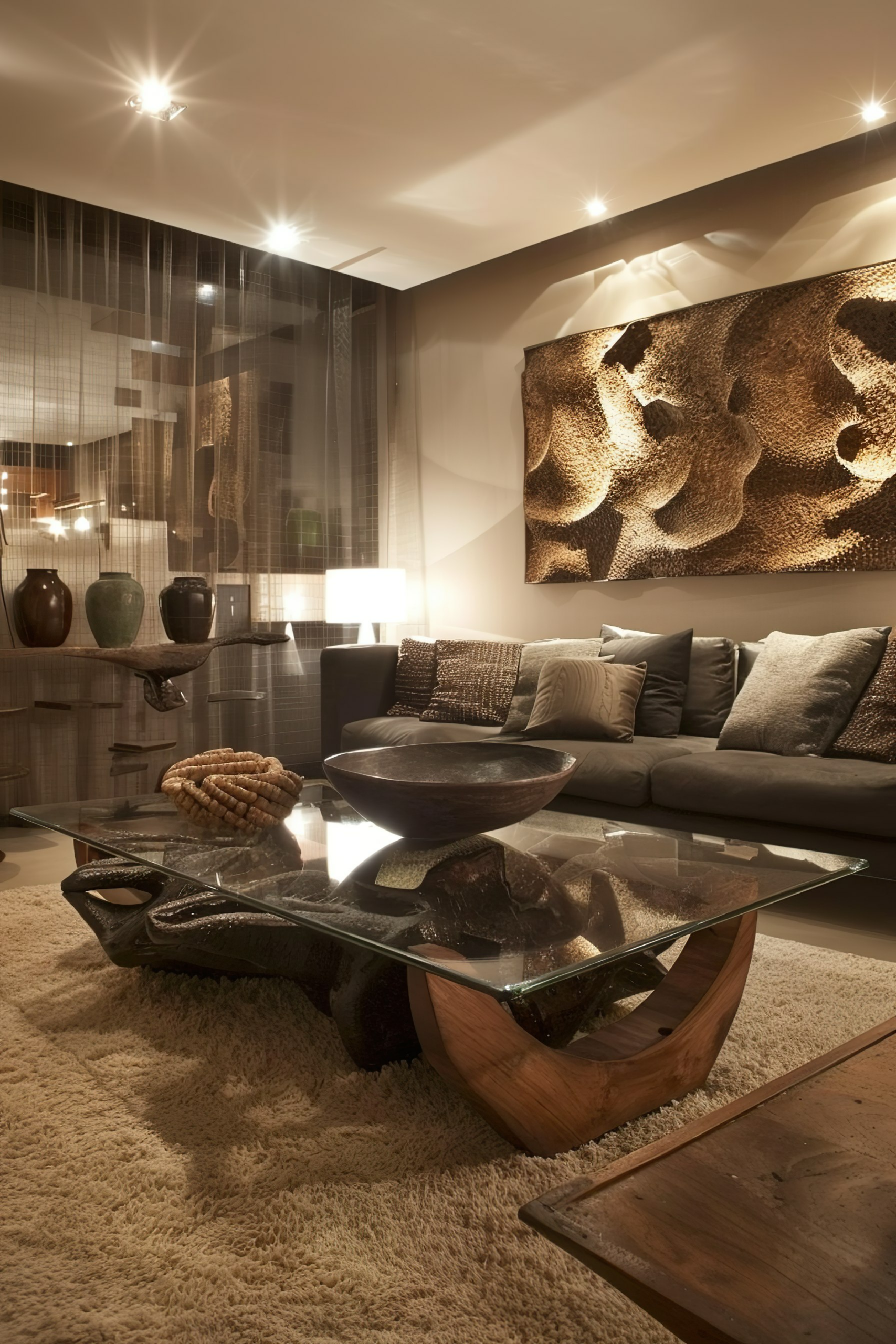 Elegant living room with plush seating, unique wood and glass coffee table, textured wall art, and soft lighting.