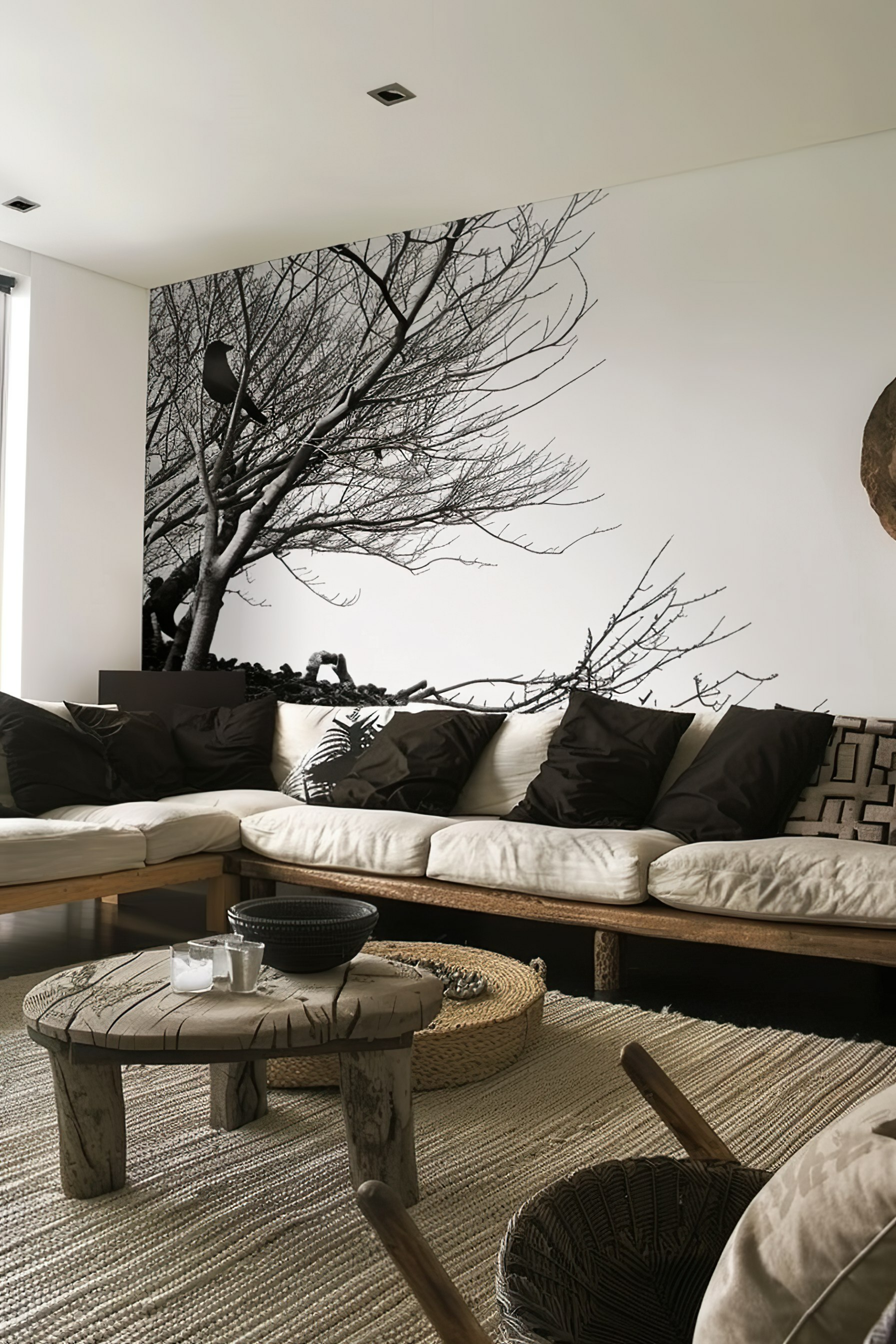 Modern living room with neutral tones, featuring a large wall mural of a black and white tree, a cozy sofa with black cushions, and rustic wooden furniture.