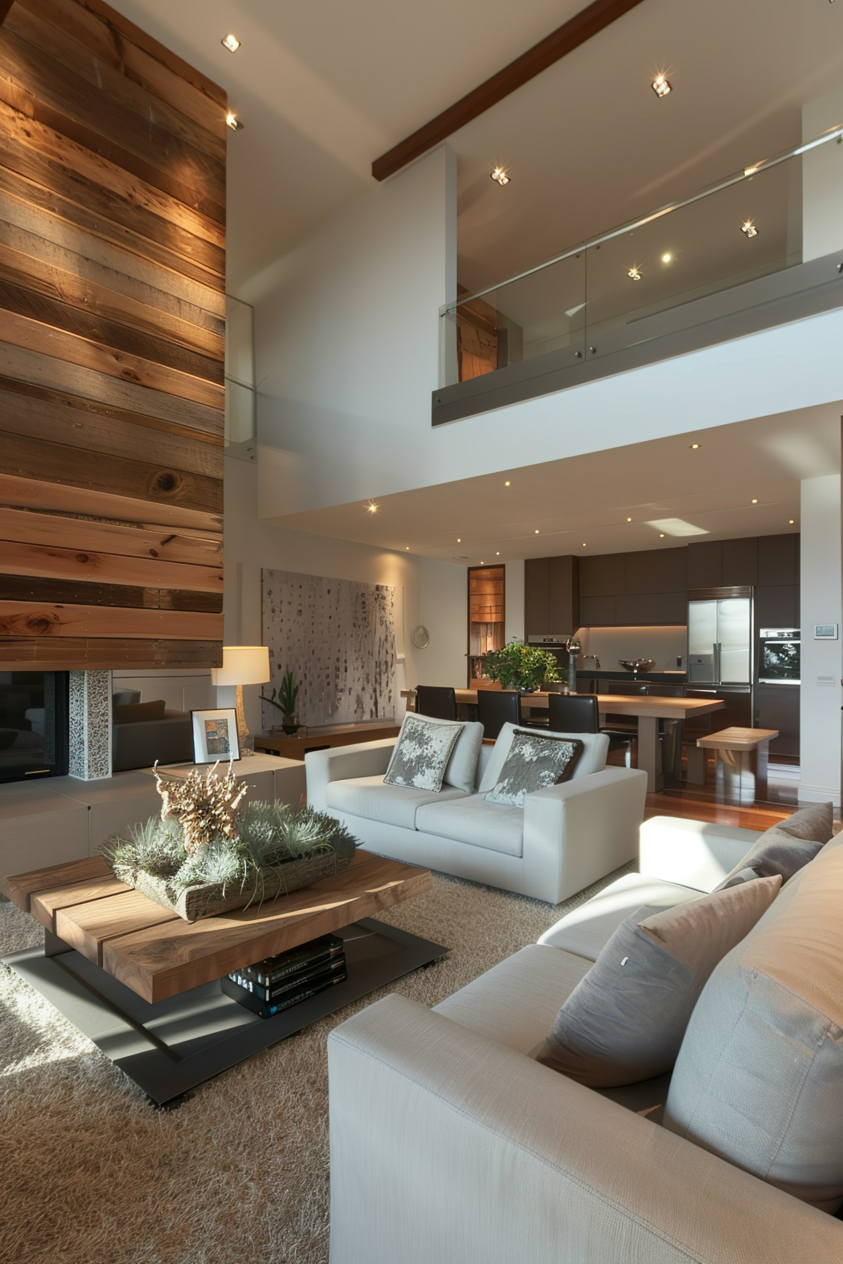 Modern living room with white sofas, wooden accents, and an open concept kitchen in the background.