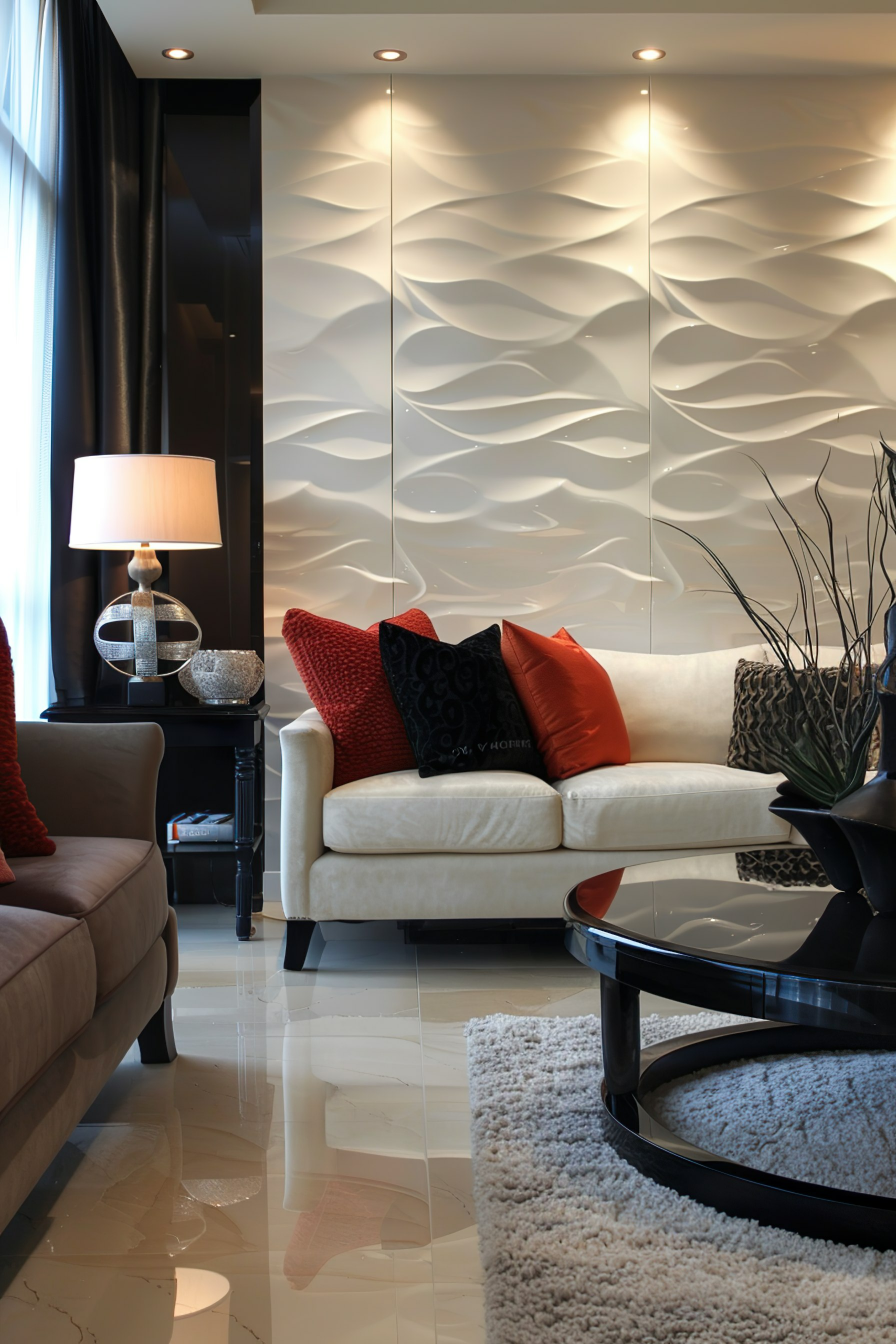 Elegant living room with textured white wall, beige sofa with red pillows, a black coffee table, floor lamp, and a plush rug.