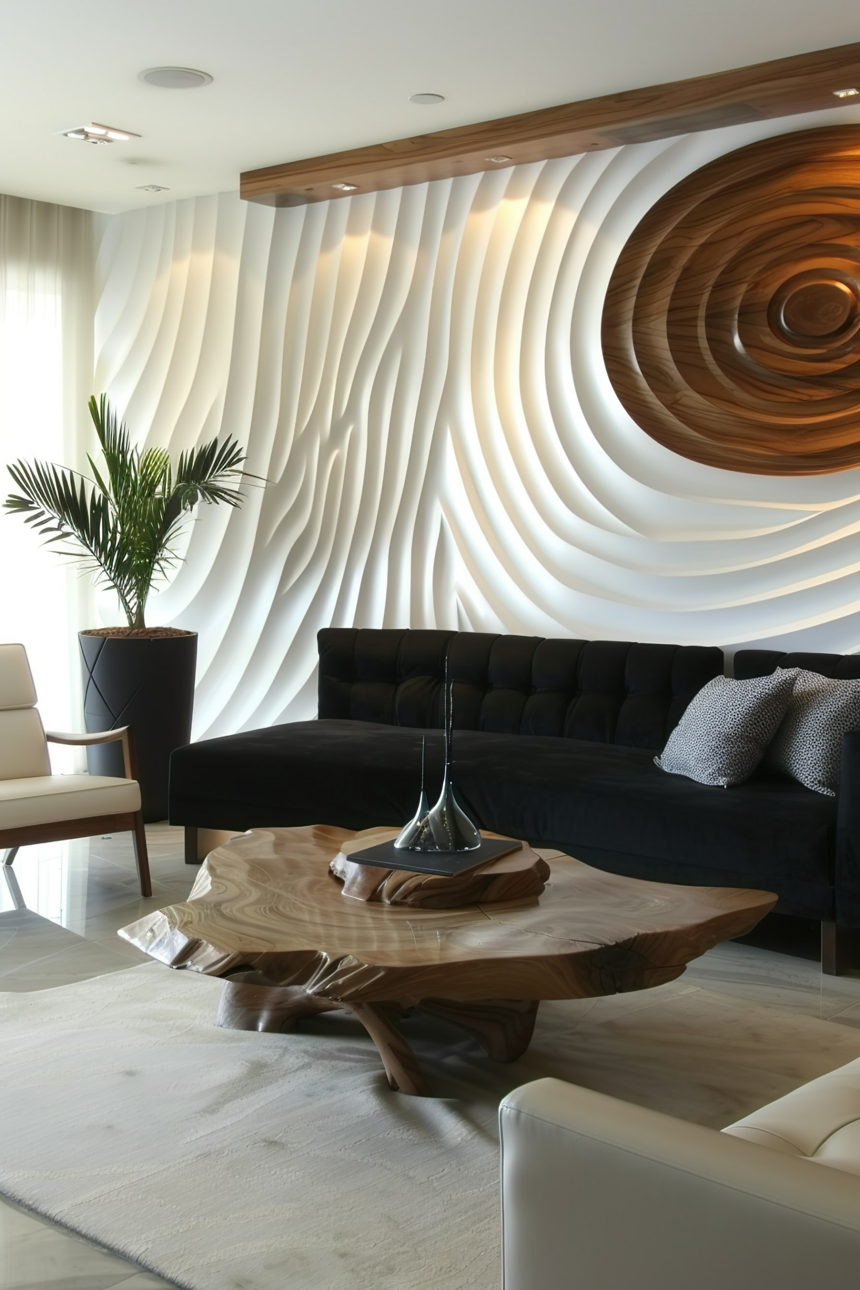 Modern living room with sculptural wood wall art, dark couch, unique coffee table, and decorative vase on top.