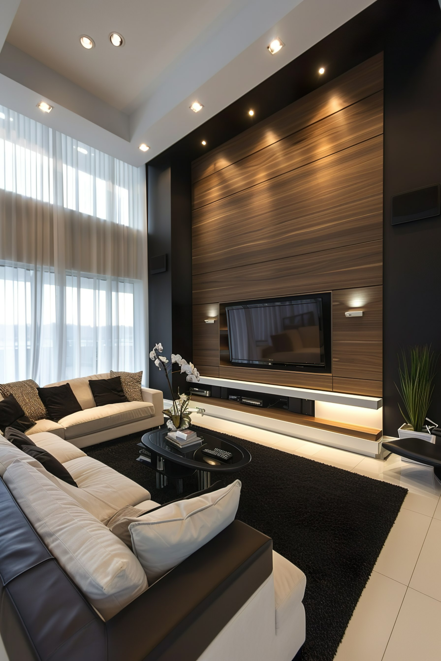 Modern living room with a dark color scheme, featuring a sectional sofa, wall-mounted TV, and ambient lighting.