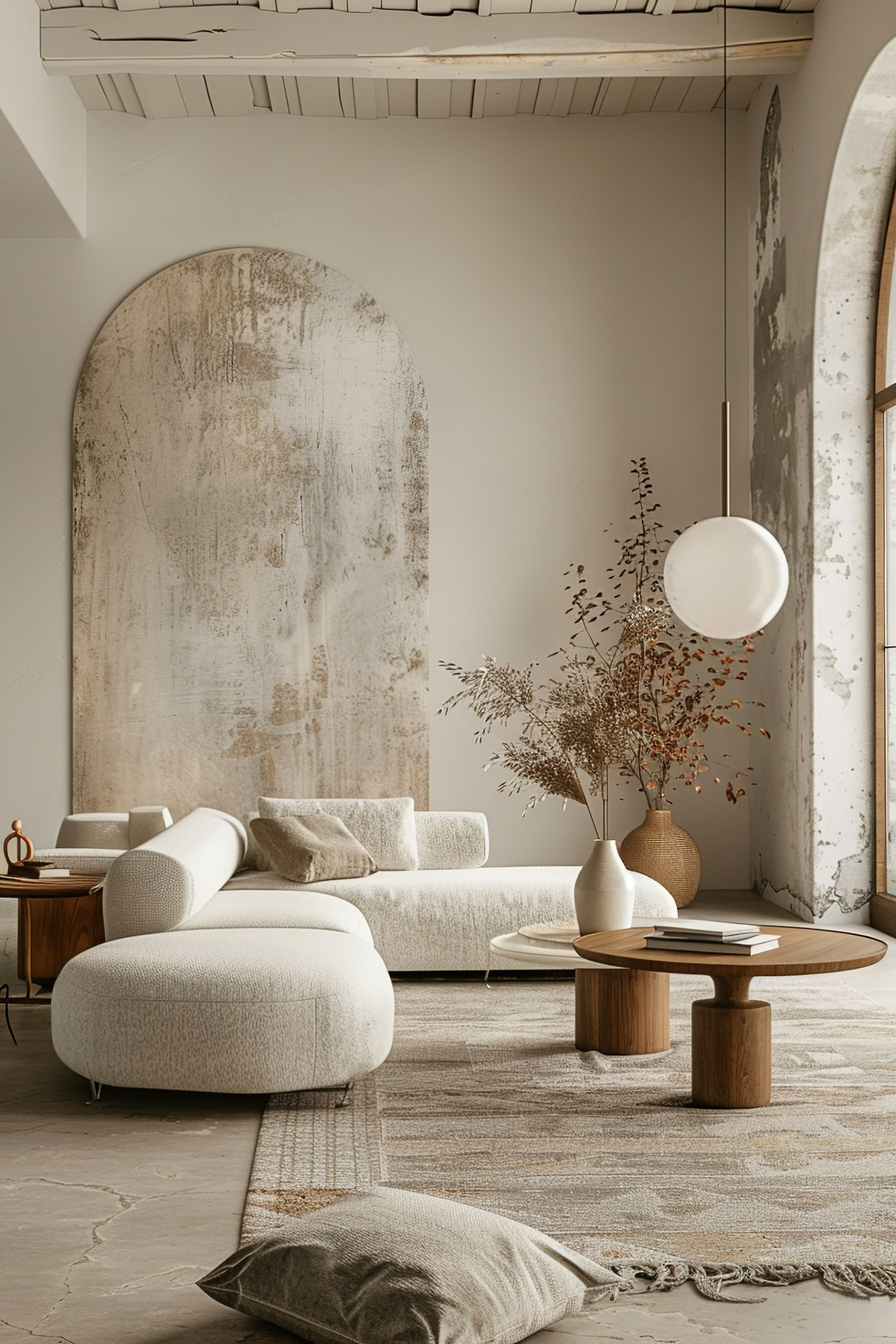 Modern living room with textured beige sofa, wooden coffee tables, oversized mirror, and decorative dried plants.