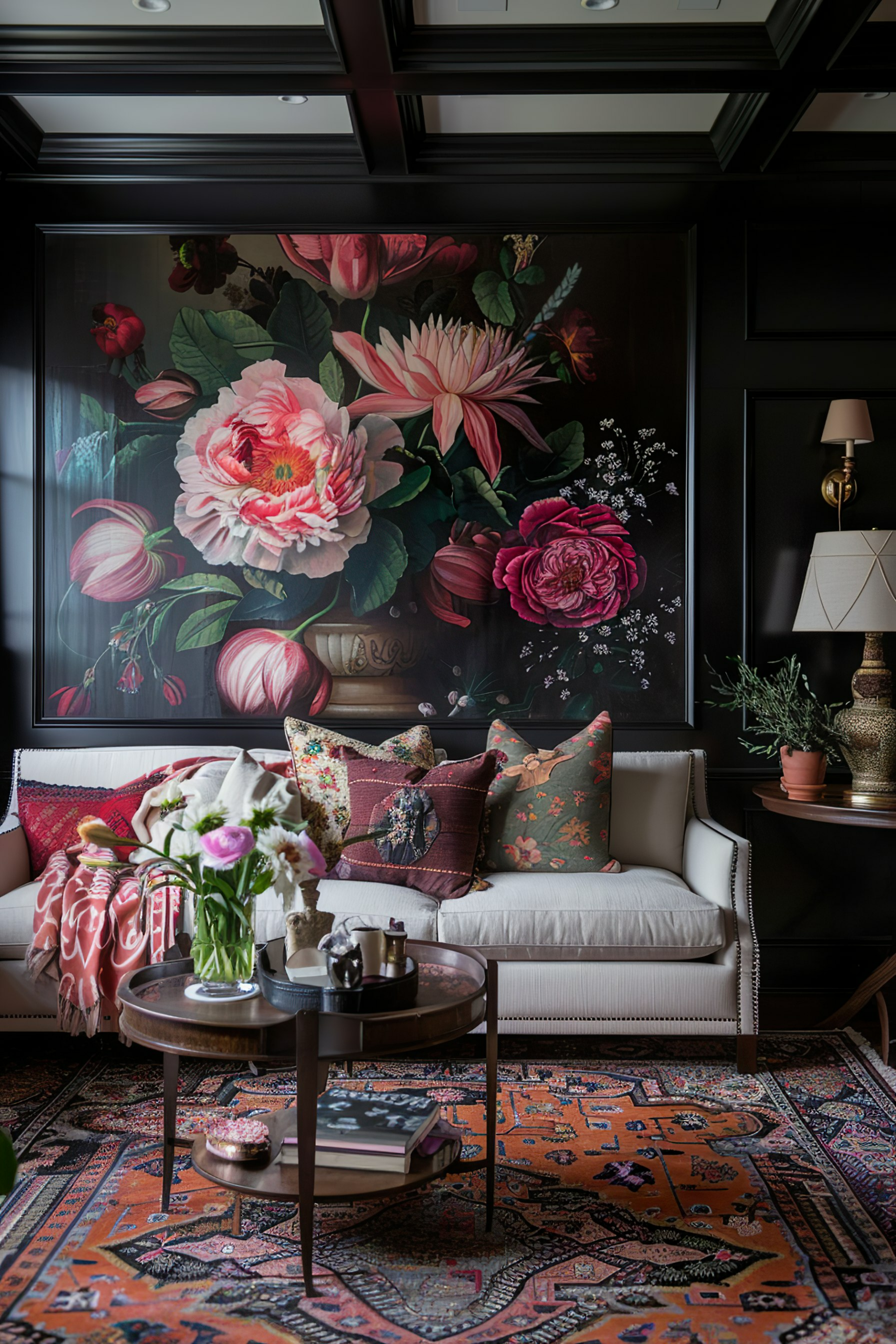 Elegant living room corner with a large floral wall art, traditional furniture, patterned rug, and decorative pillows.