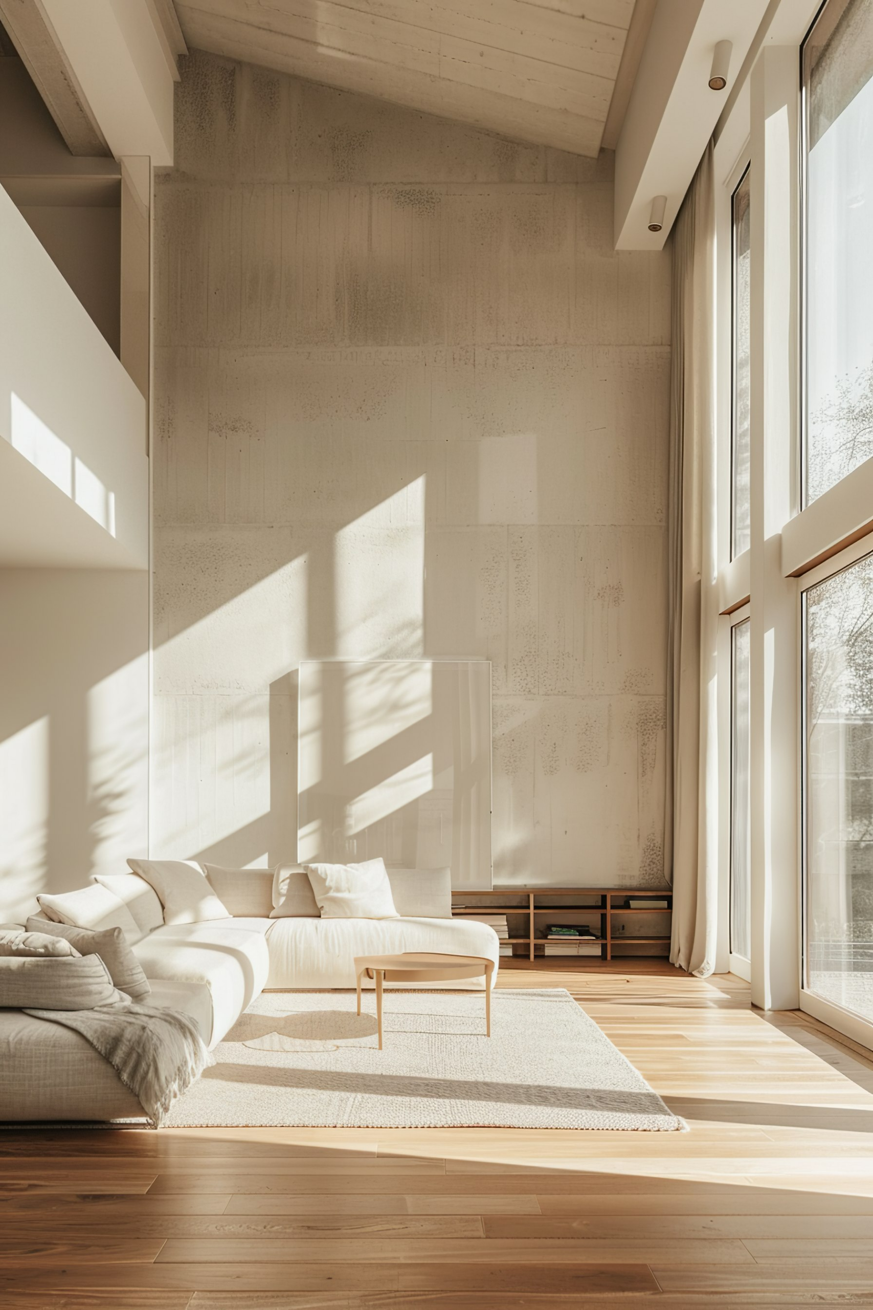 A modern living room with sun casting shadows on a concrete wall, wooden floors, large windows, and minimalist furniture.