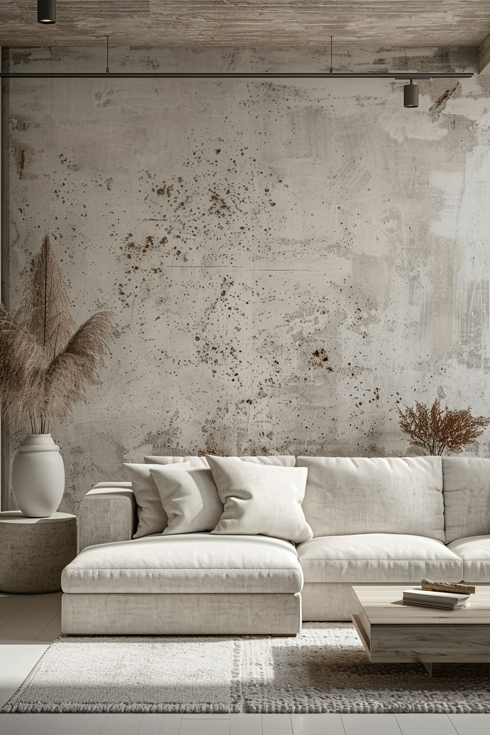 Modern minimalist living room with a white sectional sofa, textured gray wall, and decorative dried plants.