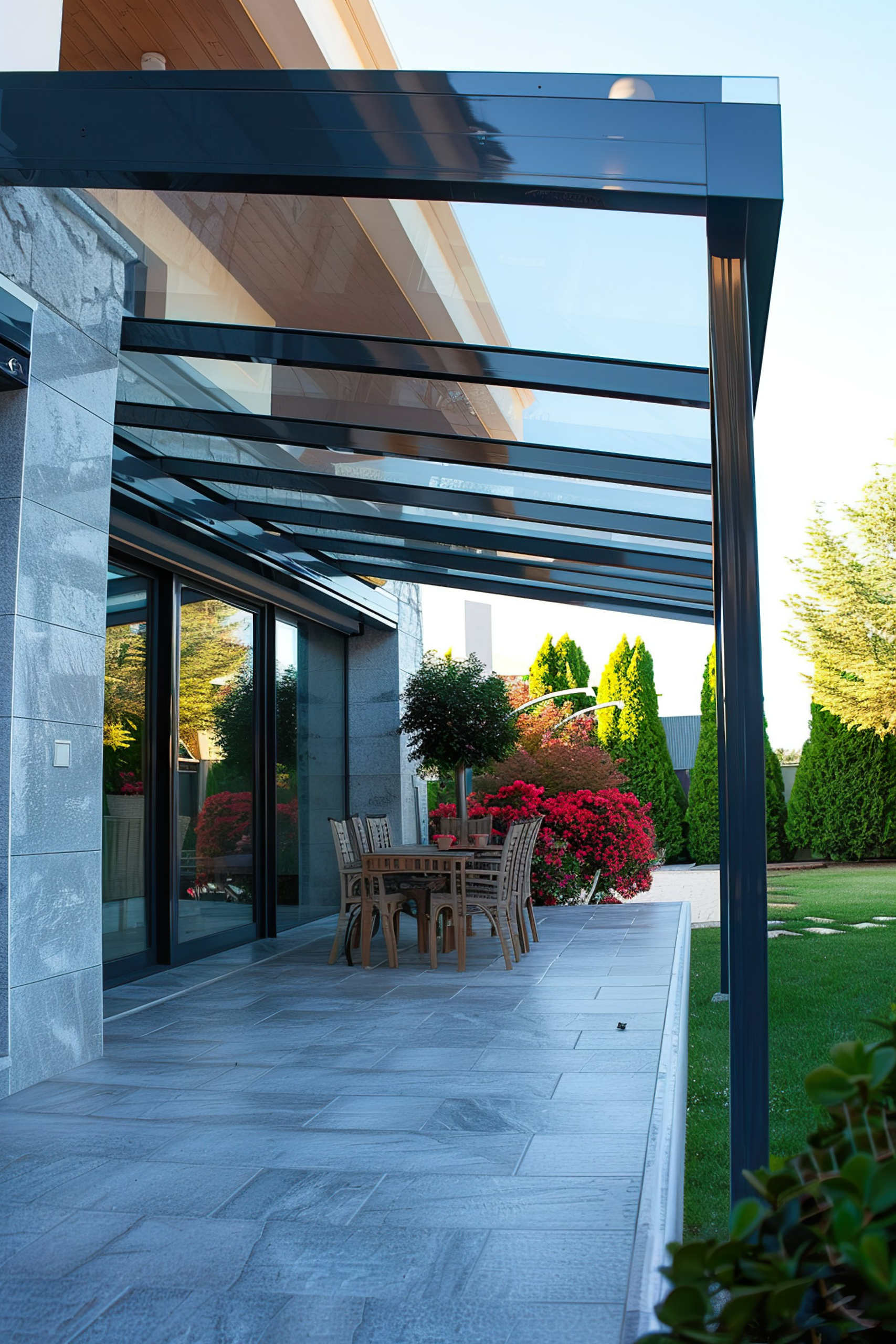 Modern outdoor patio with a wooden dining set, surrounded by lush greenery and stone-clad columns, under a sleek pergola.