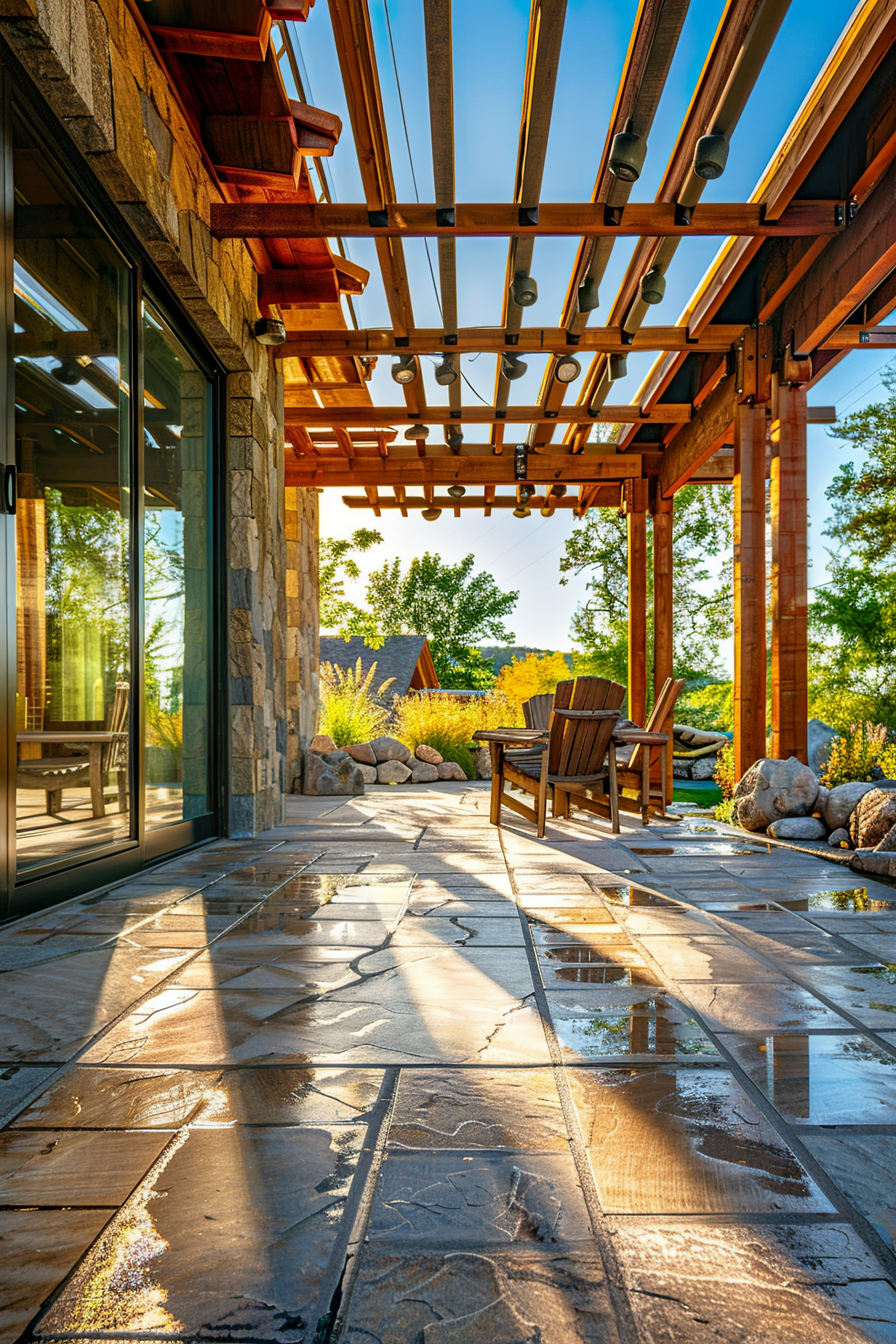 A sunlit patio with wooden pergola, stone flooring, and Adirondack chairs, surrounded by a natural landscape.