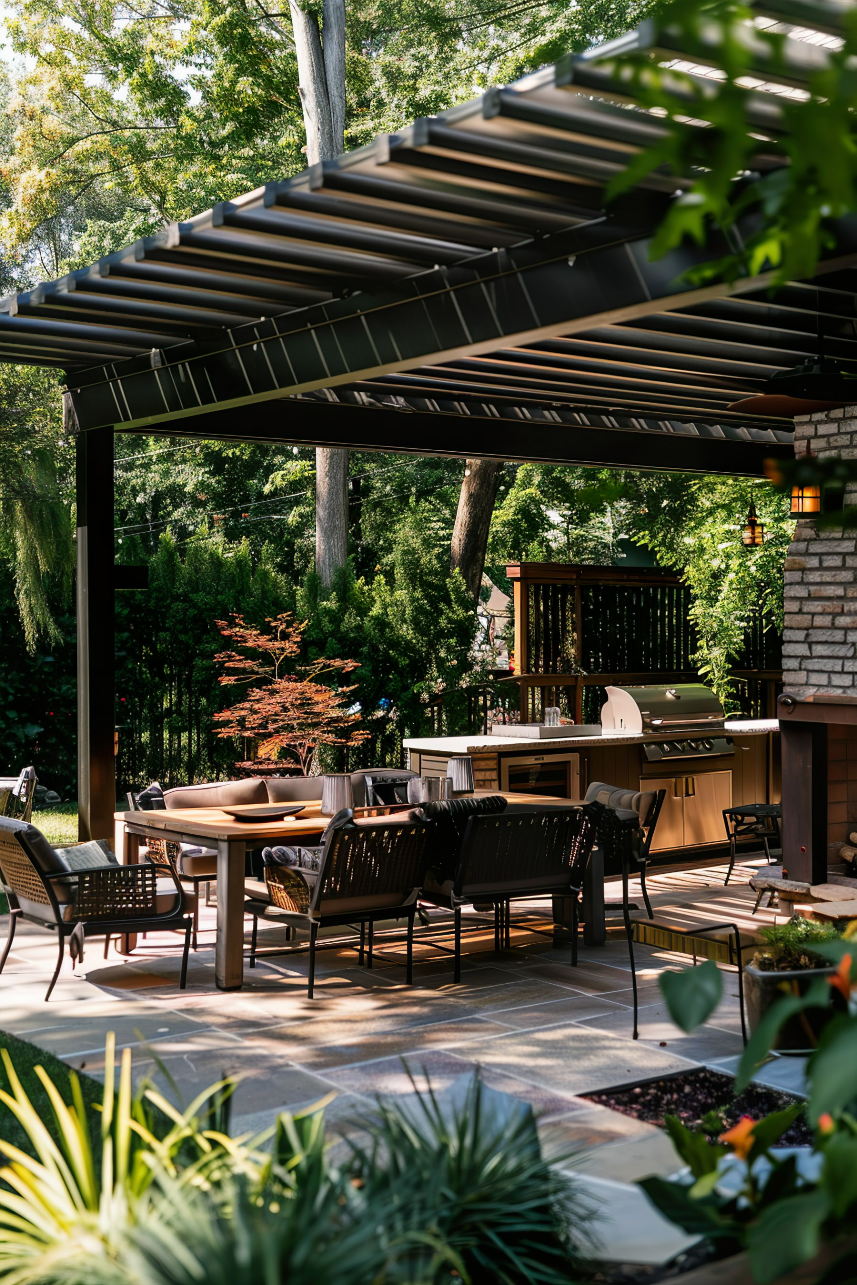 Outdoor patio with dining area and kitchen under a pergola, surrounded by lush greenery and trees.