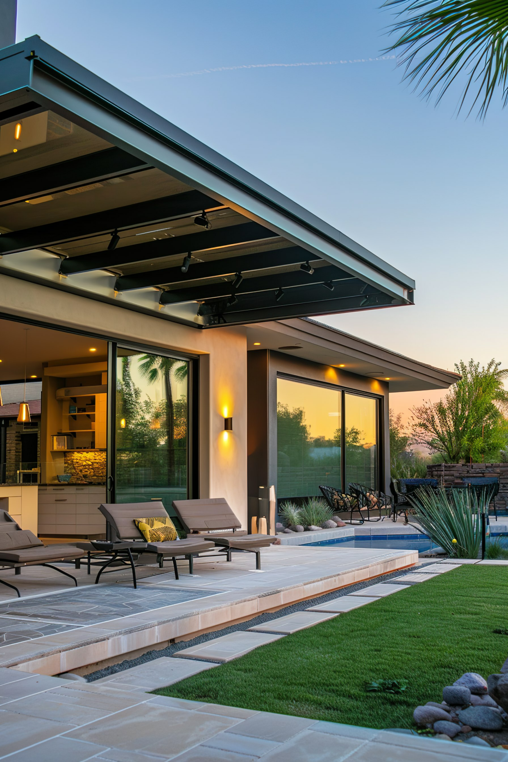 Modern house exterior at dusk with open patio, lounge chairs, lawn, and pool, reflecting warm interior lights.