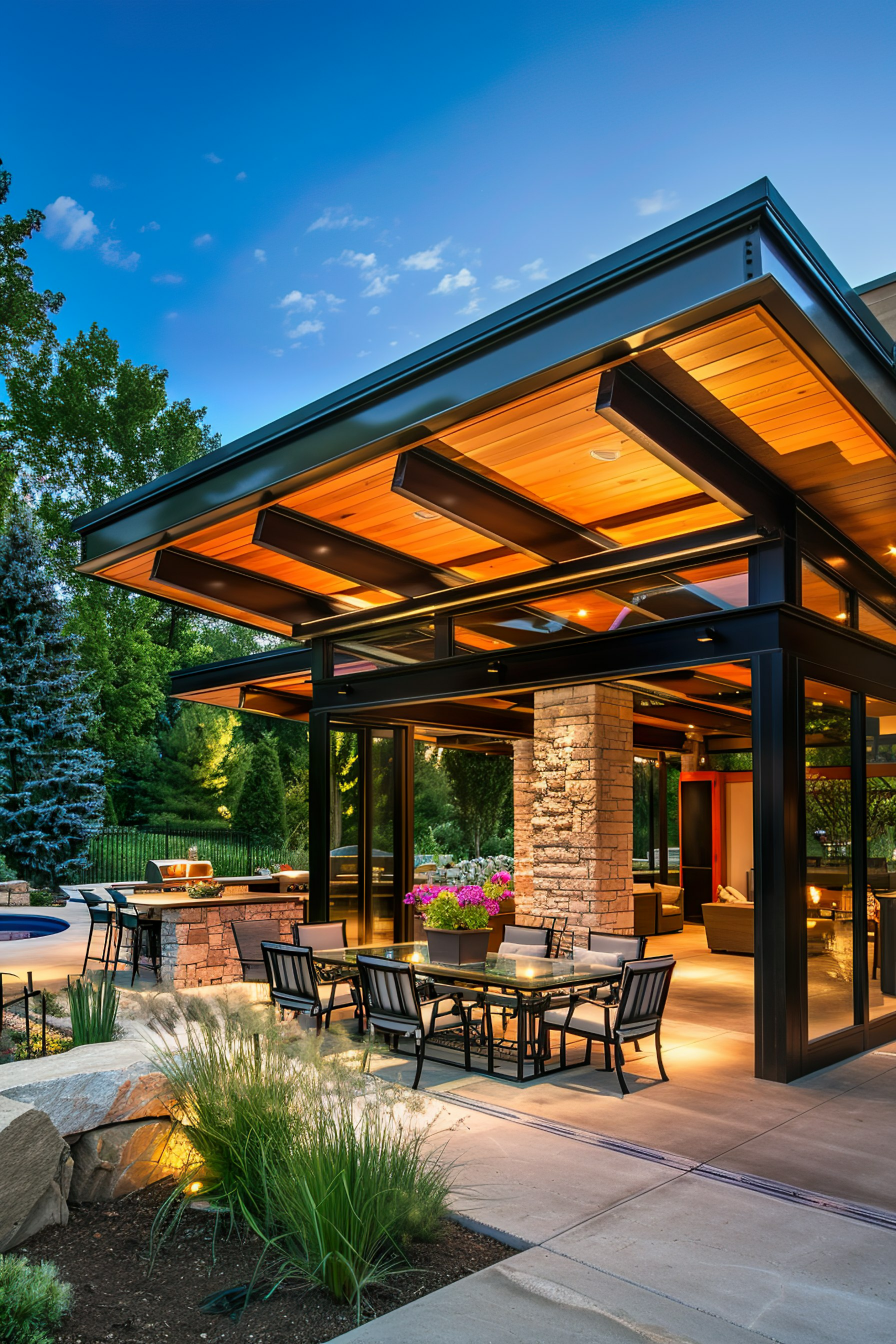 Modern patio area with a dining set, outdoor kitchen, and warmly lit wooden canopy at dusk.