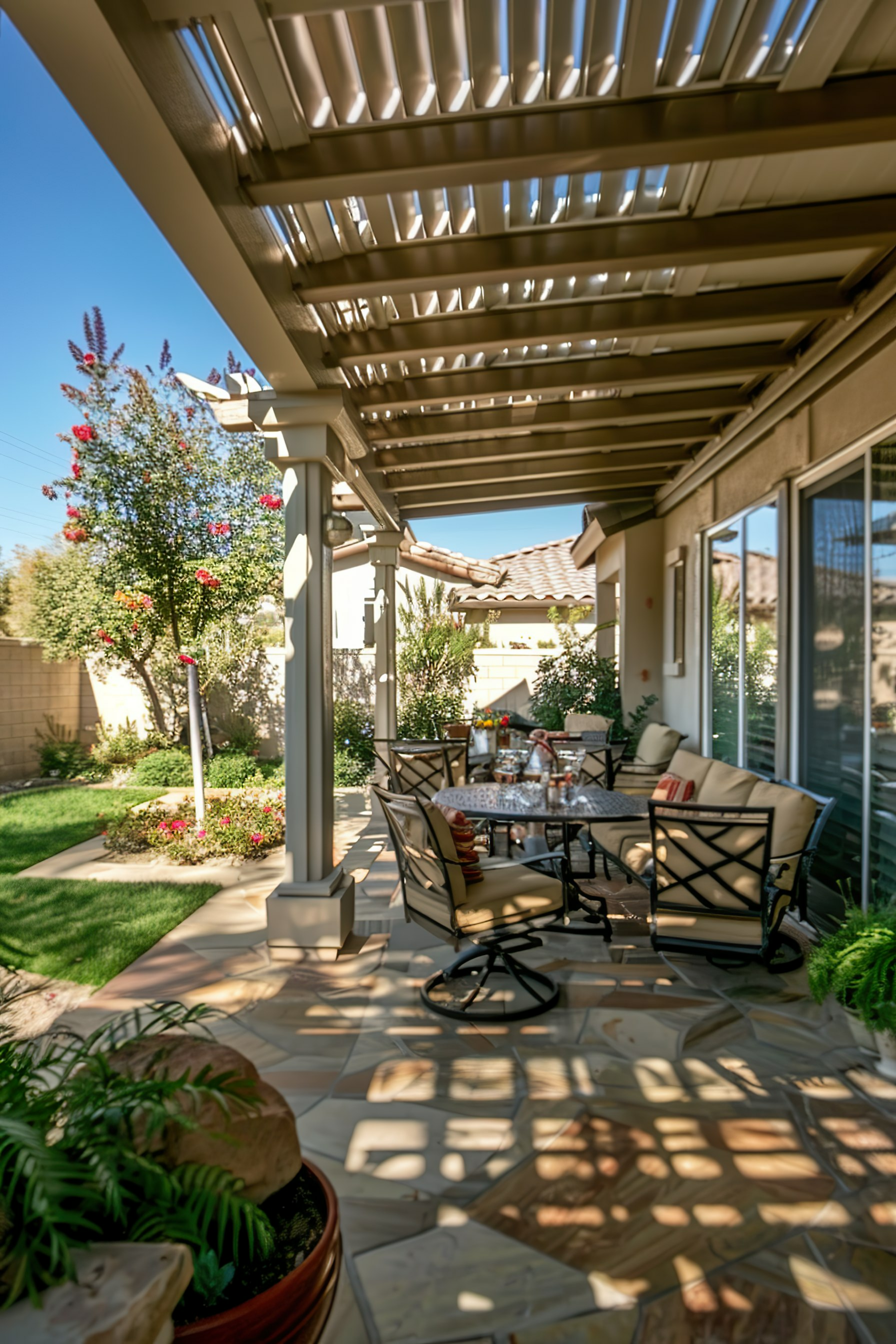 A cozy patio area with a dining set under a pergola, surrounded by a garden in bright sunlight.