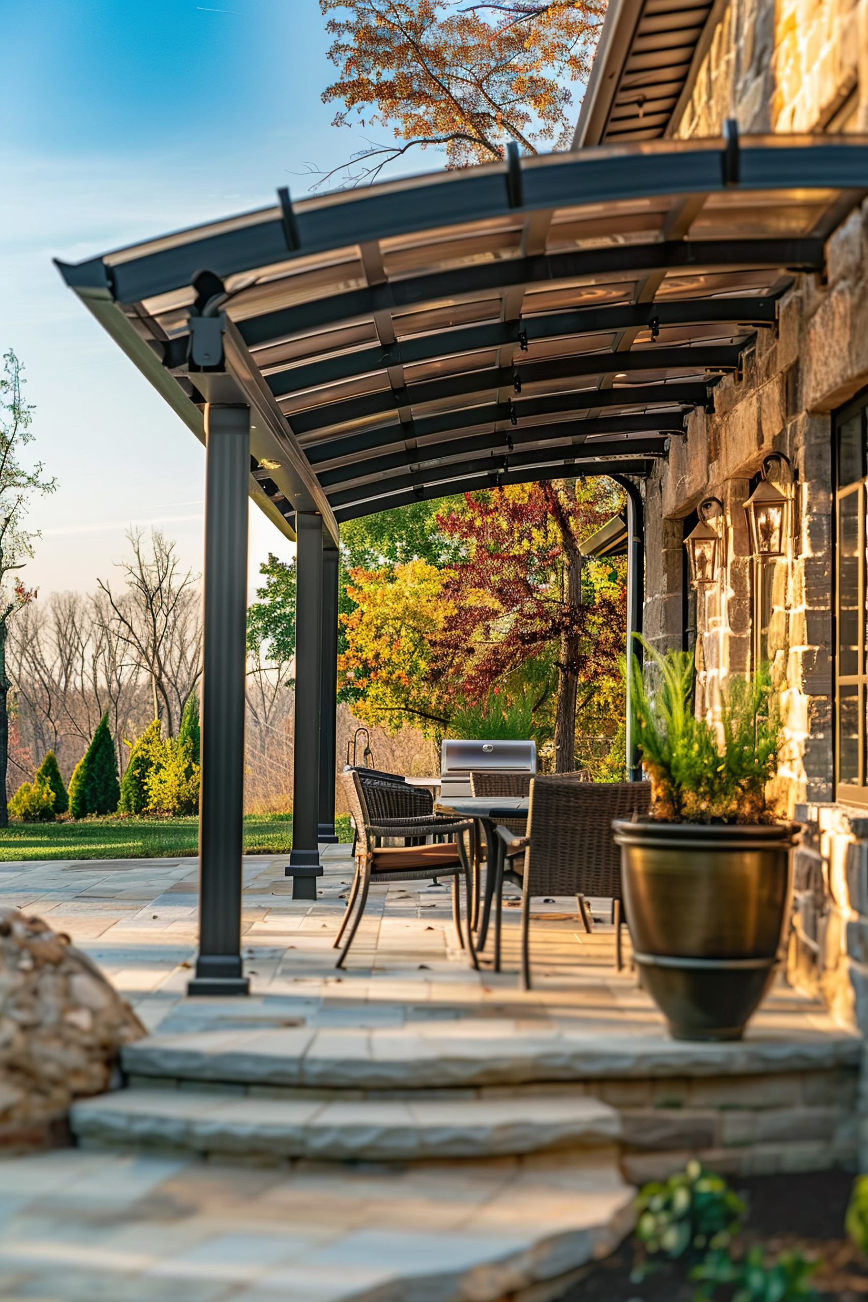 Patio with a pergola, outdoor furniture, and potted plants, overlooking an autumn garden at sunset.