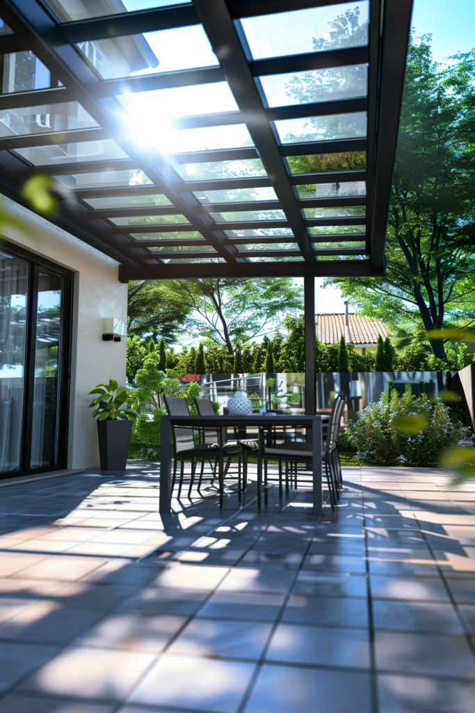 Sunlit patio area with a dining set under a pergola, adjacent to a garden with lush greenery.