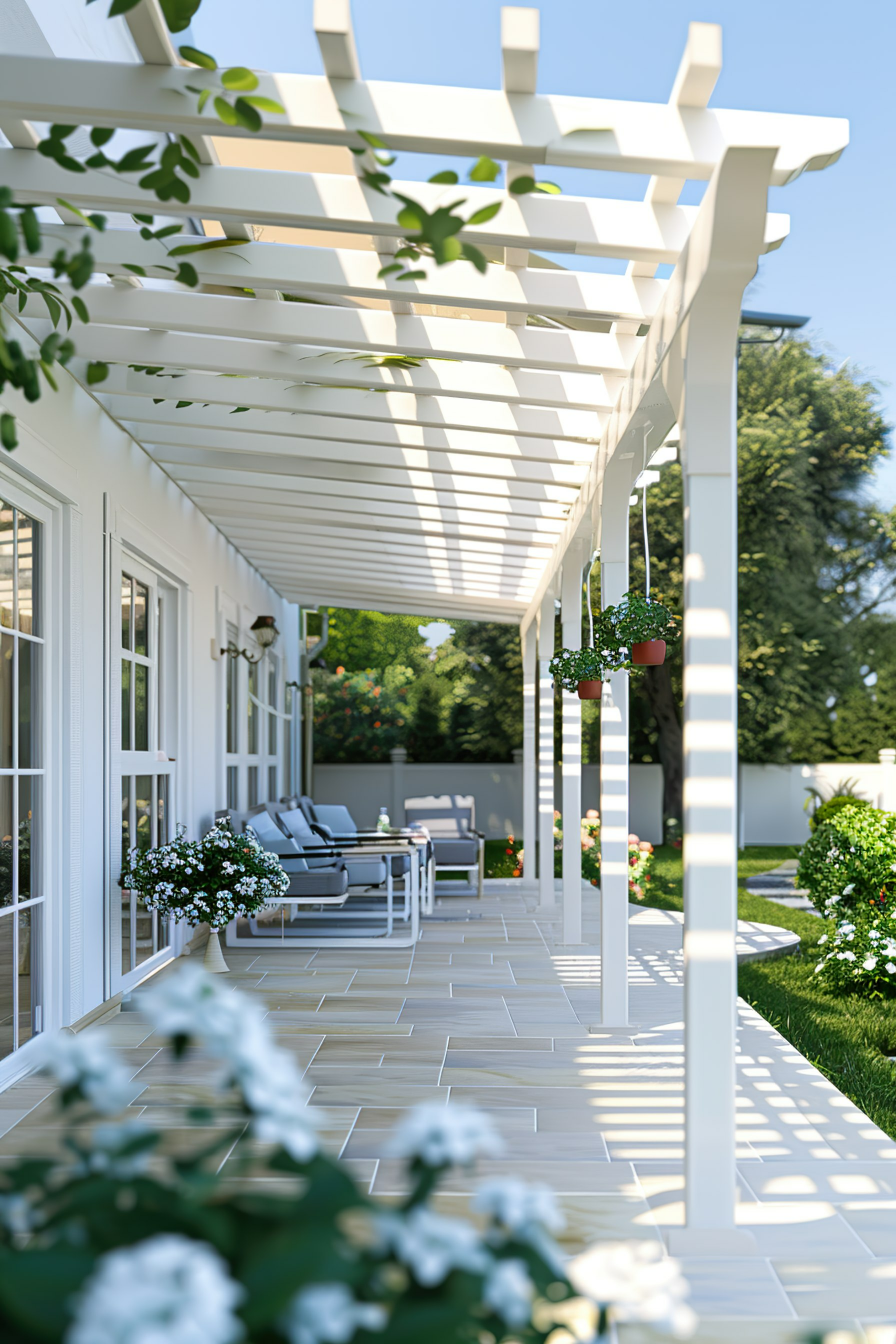 Cozy house porch with white pergola, hanging plants, and outdoor furniture, bathed in sunlight with a green garden background.