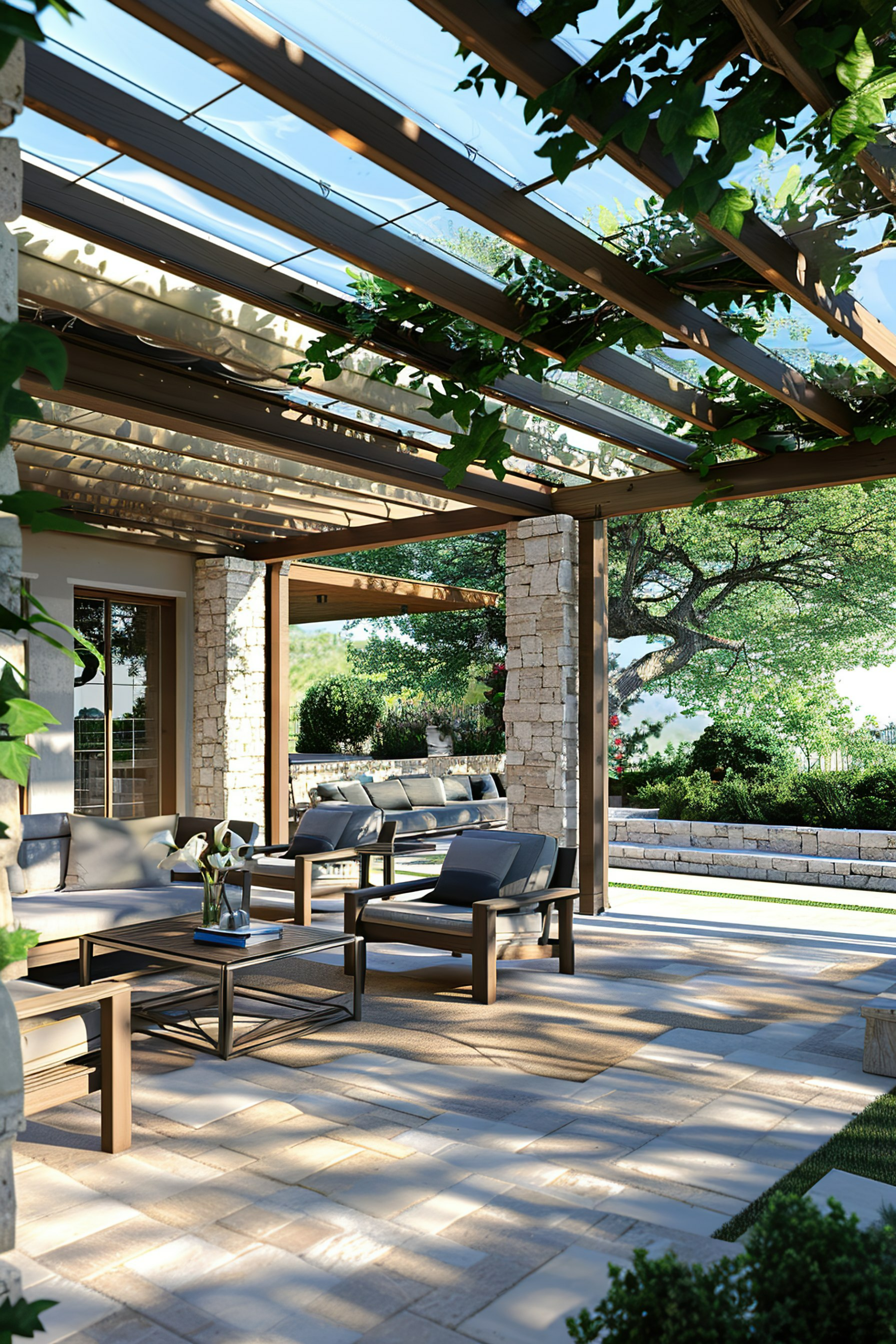 Outdoor patio area with modern furniture under a pergola, surrounded by greenery and bathed in sunlight.