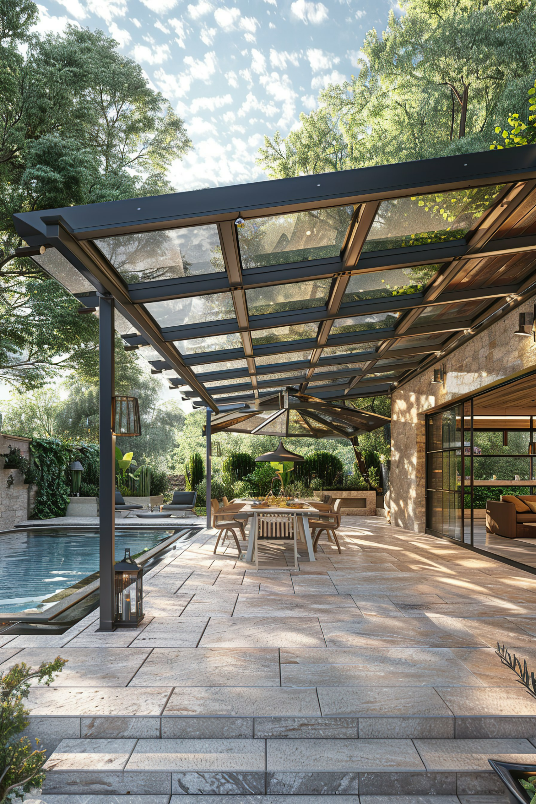 Modern backyard with a glass roof pergola, dining area, pool, and lush greenery under a sunny sky.