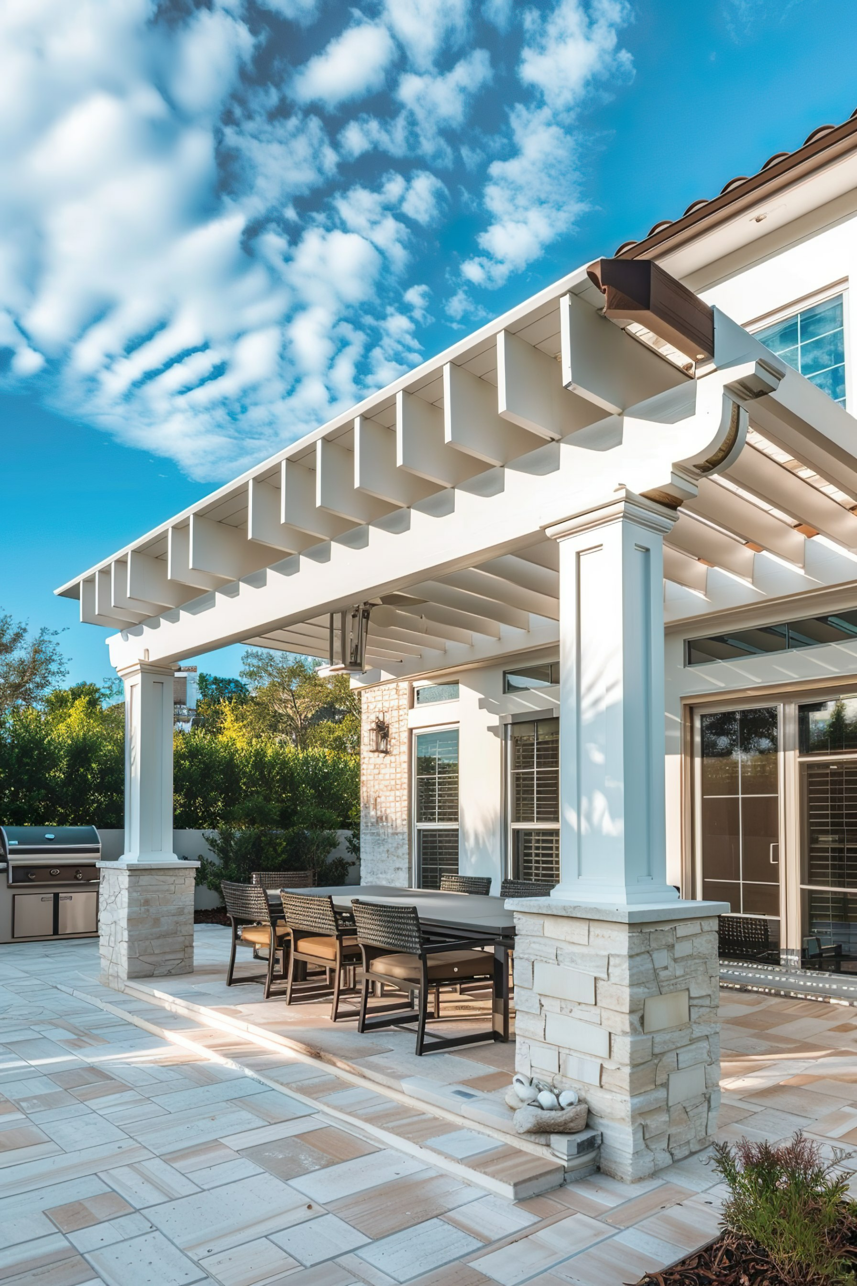 Elegant outdoor patio area with a dining table set, BBQ grill, and pergola, under a blue sky with scattered clouds.