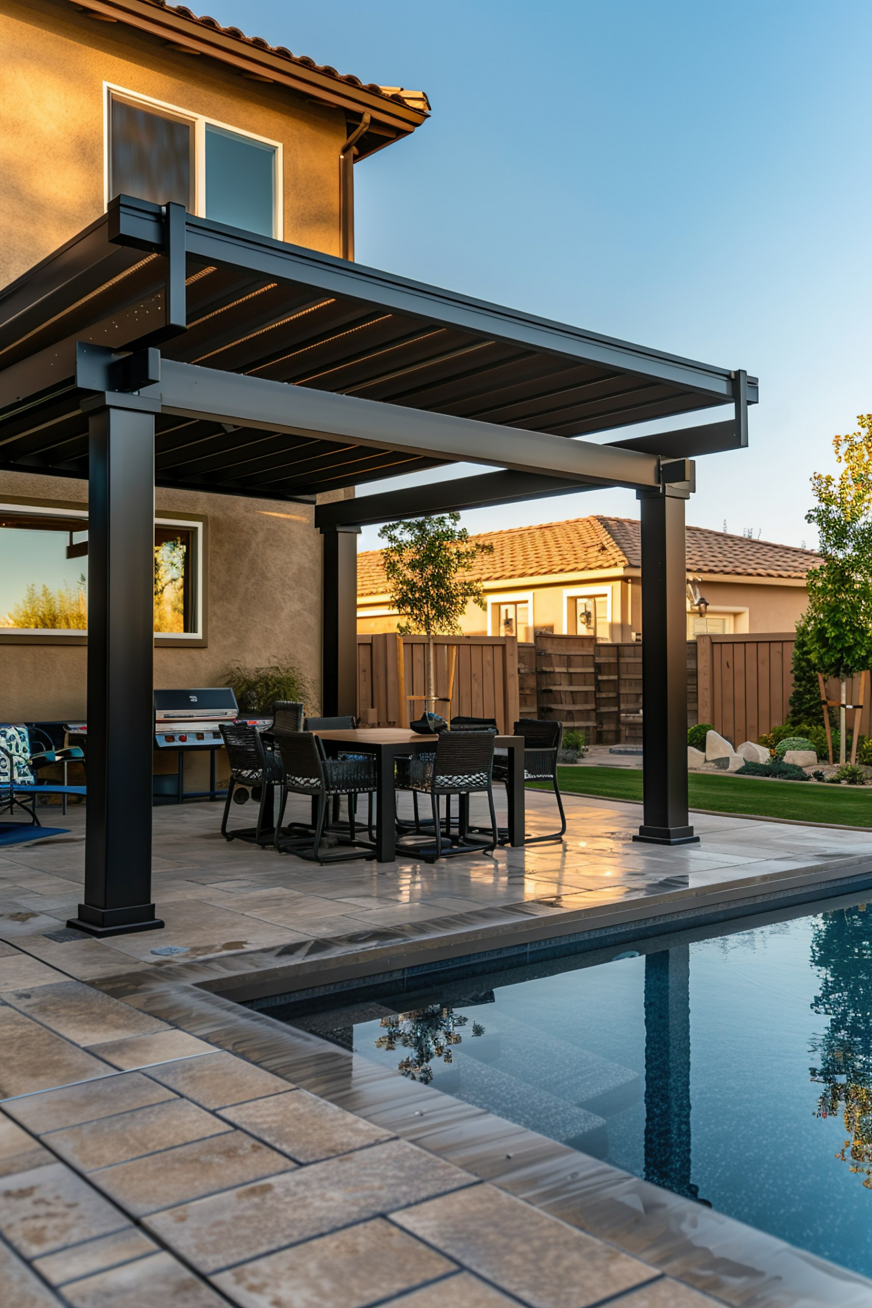 ALT: A luxurious backyard with a modern pergola, dining set, barbecue grill beside a swimming pool at dusk.