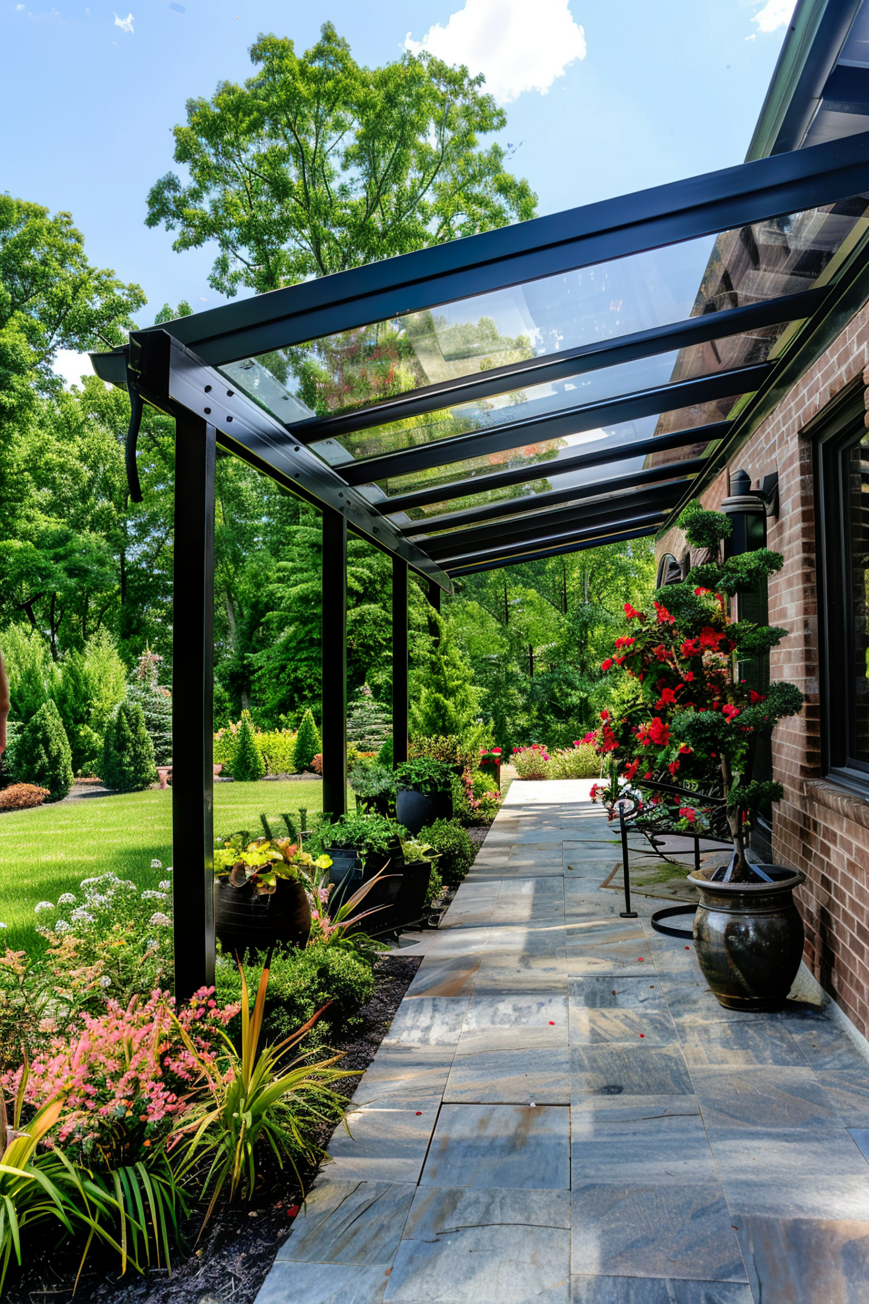 ALT: A lush garden pathway with a modern pergola, featuring glass panels and a black metal frame, alongside vibrant flowers and greenery.