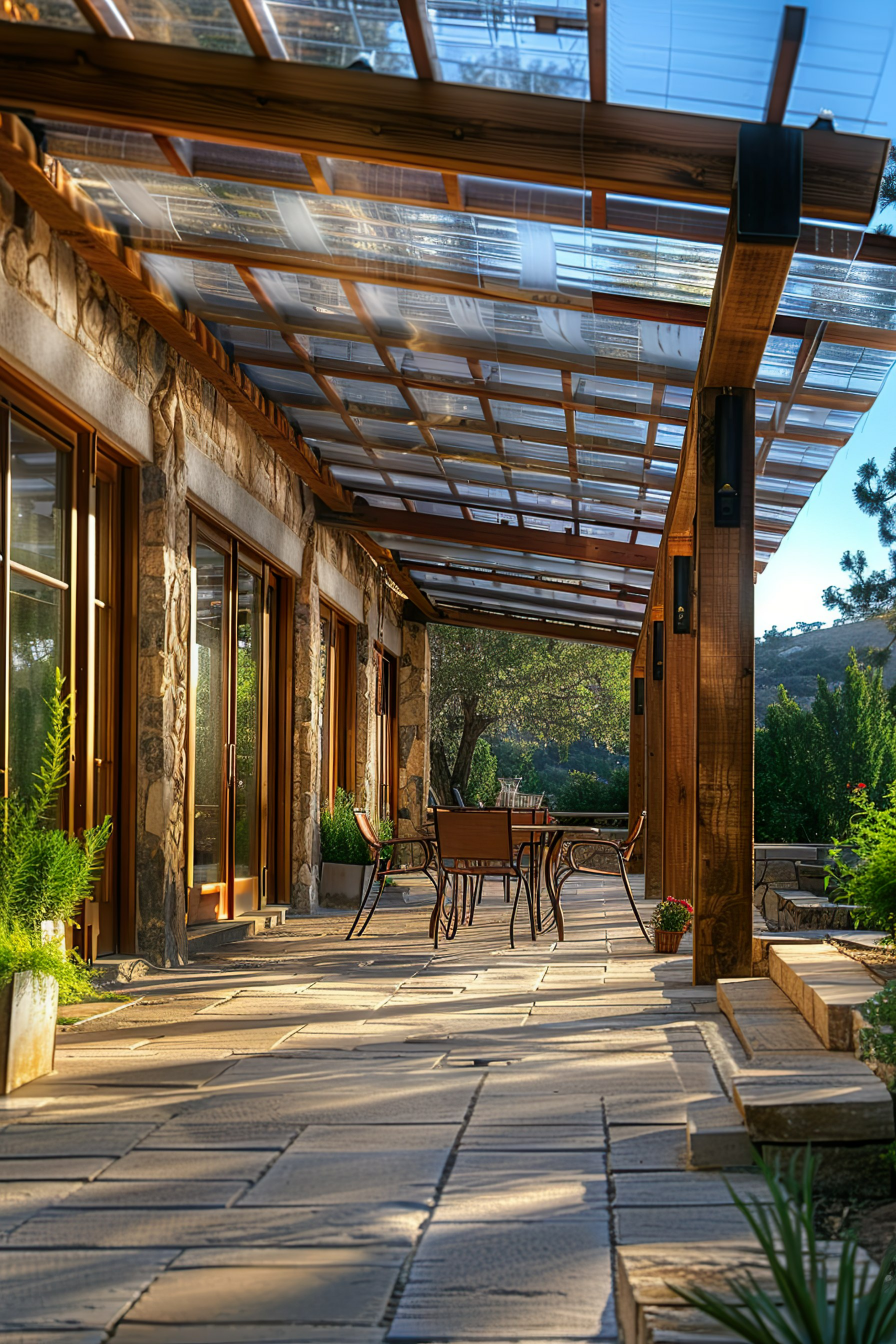 Sunlit patio with chairs and a table, stone walls, glass roof, and lush greenery, evoking a serene outdoor ambiance.