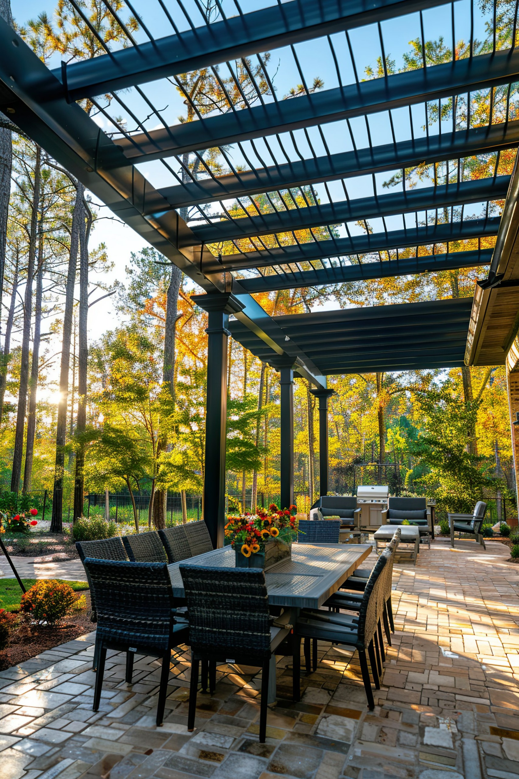 Outdoor patio area with dining set under pergola, surrounded by trees with sun setting in background.