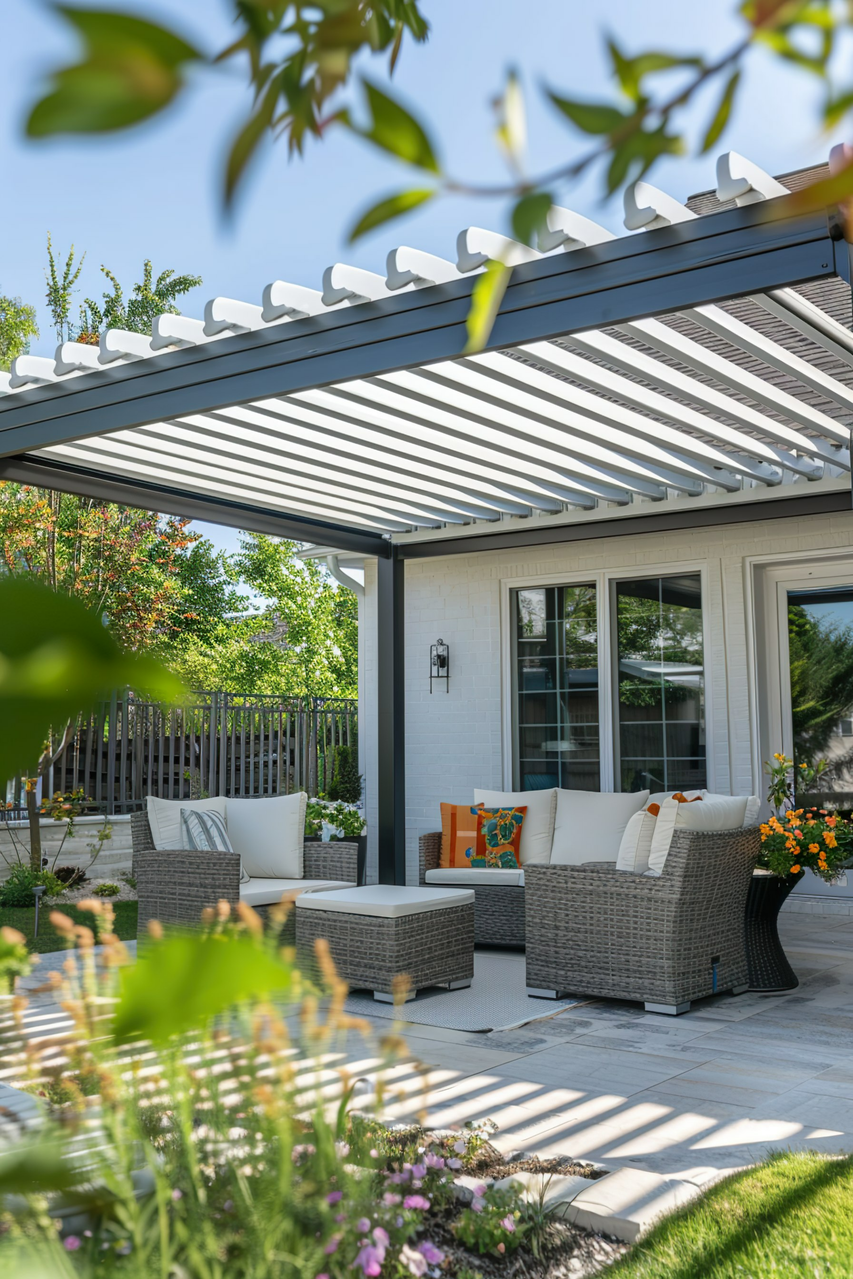 ALT text: Elegant outdoor patio with modern furniture under a striped awning, surrounded by a landscaped garden and a sunny blue sky.