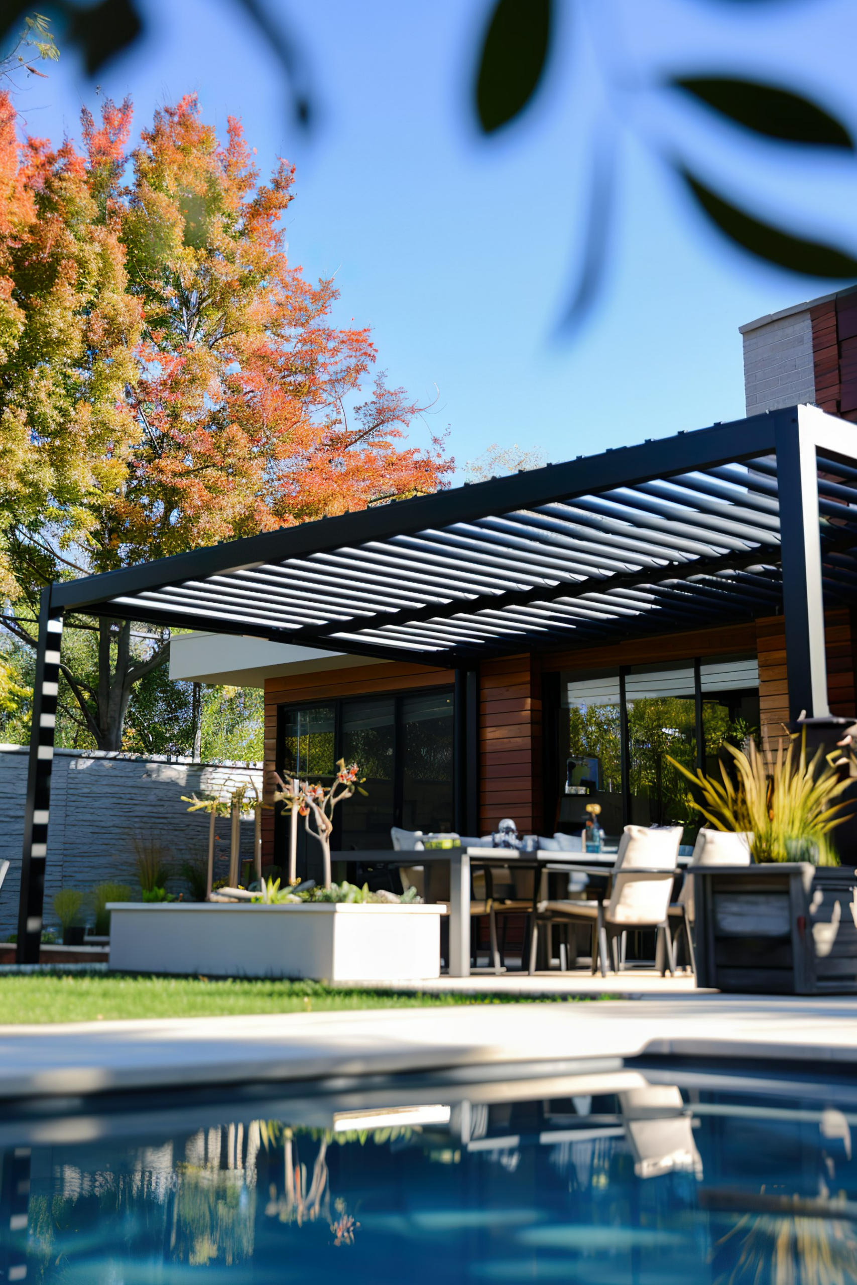 Modern backyard with pool, pergola, outdoor dining area, and autumn trees in the background, framed by leaves in the foreground.