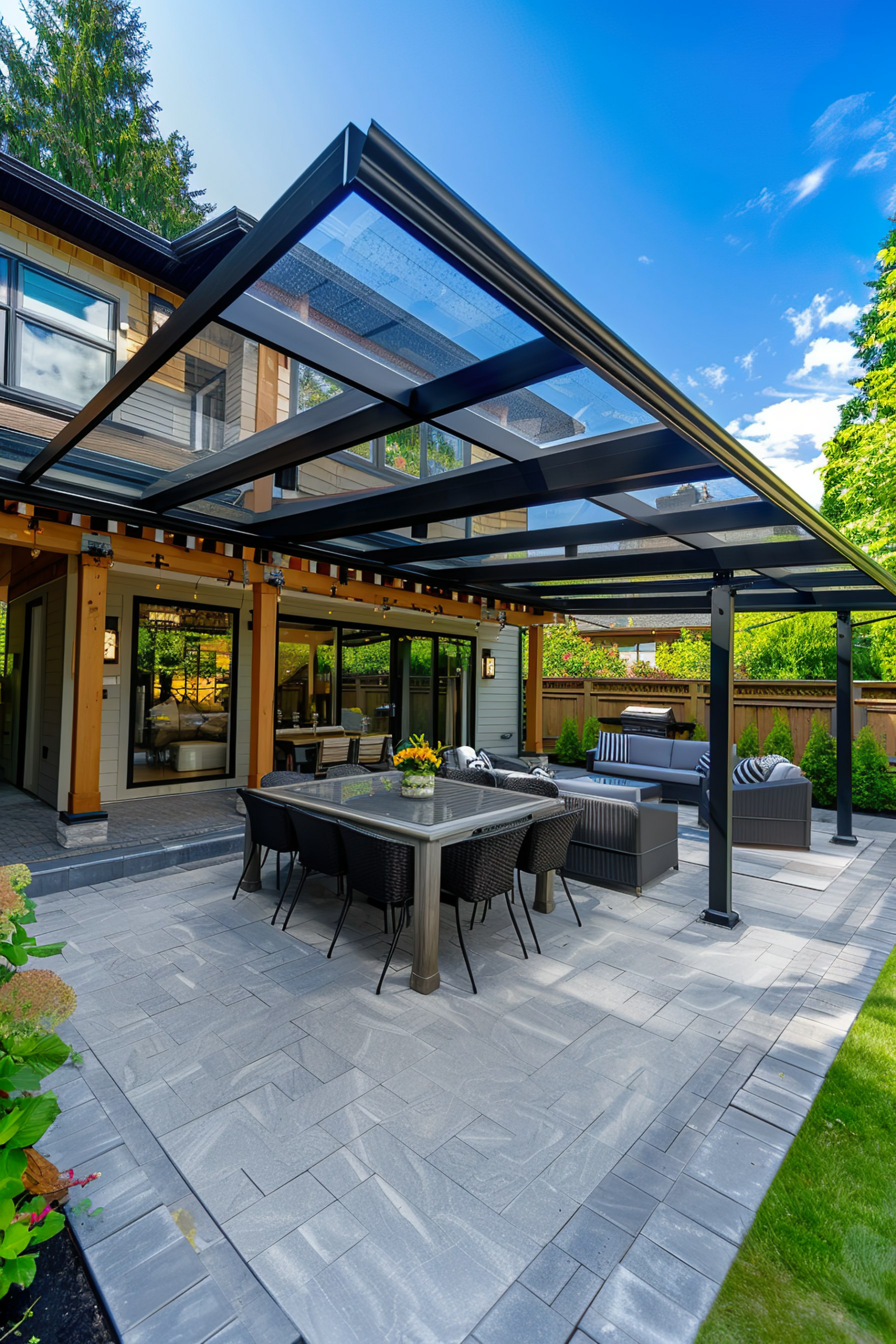 Modern patio area with outdoor furniture under a glass roof, adjacent to a house with visible garden foliage.