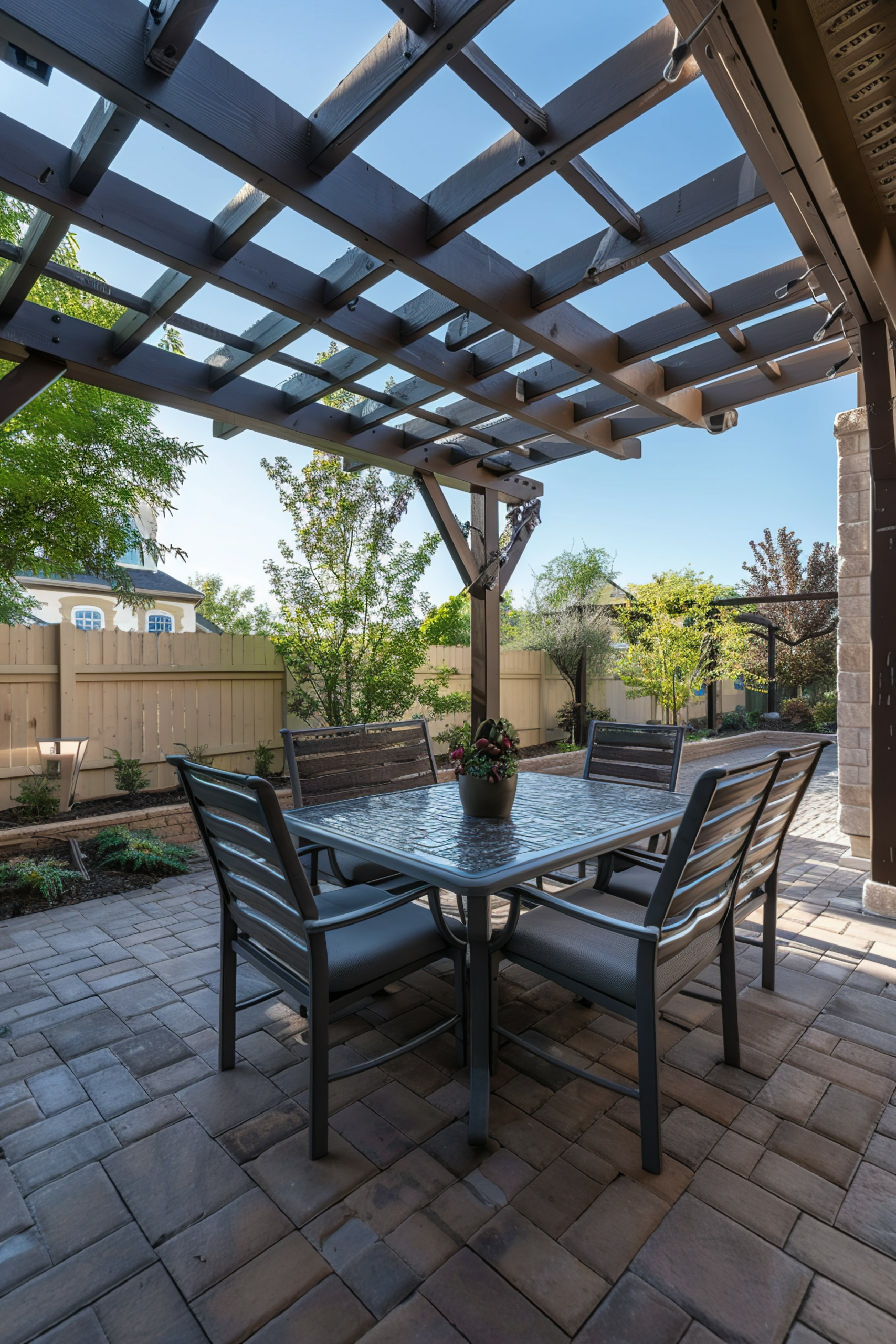 Outdoor patio area with a pergola overhead, a dining table set, paver stones, and a wooden fence surrounded by greenery.