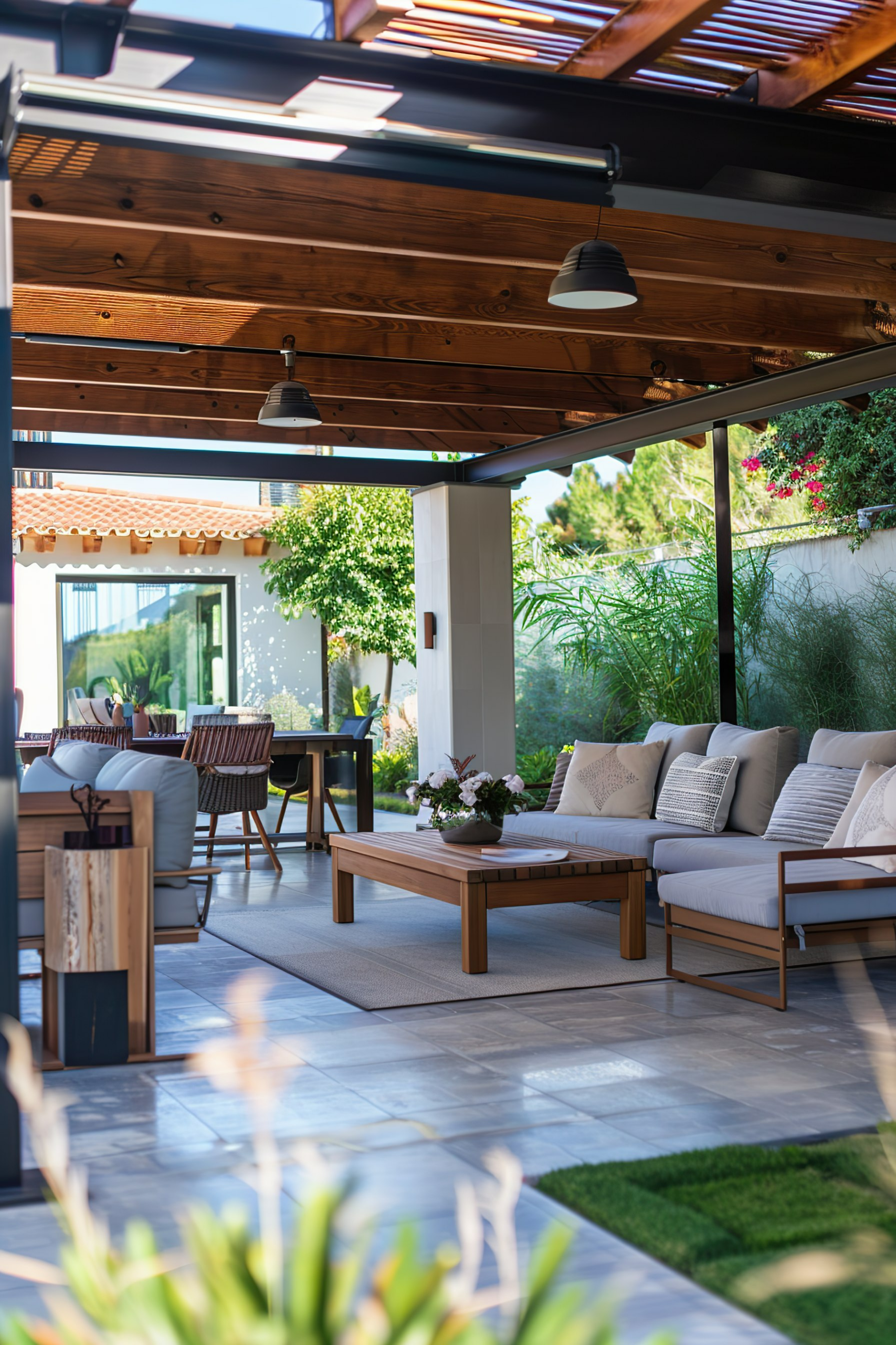 ALT: An outdoor patio area with modern wooden furniture, comfortable cushions, and a warm, inviting ambiance under a pergola.