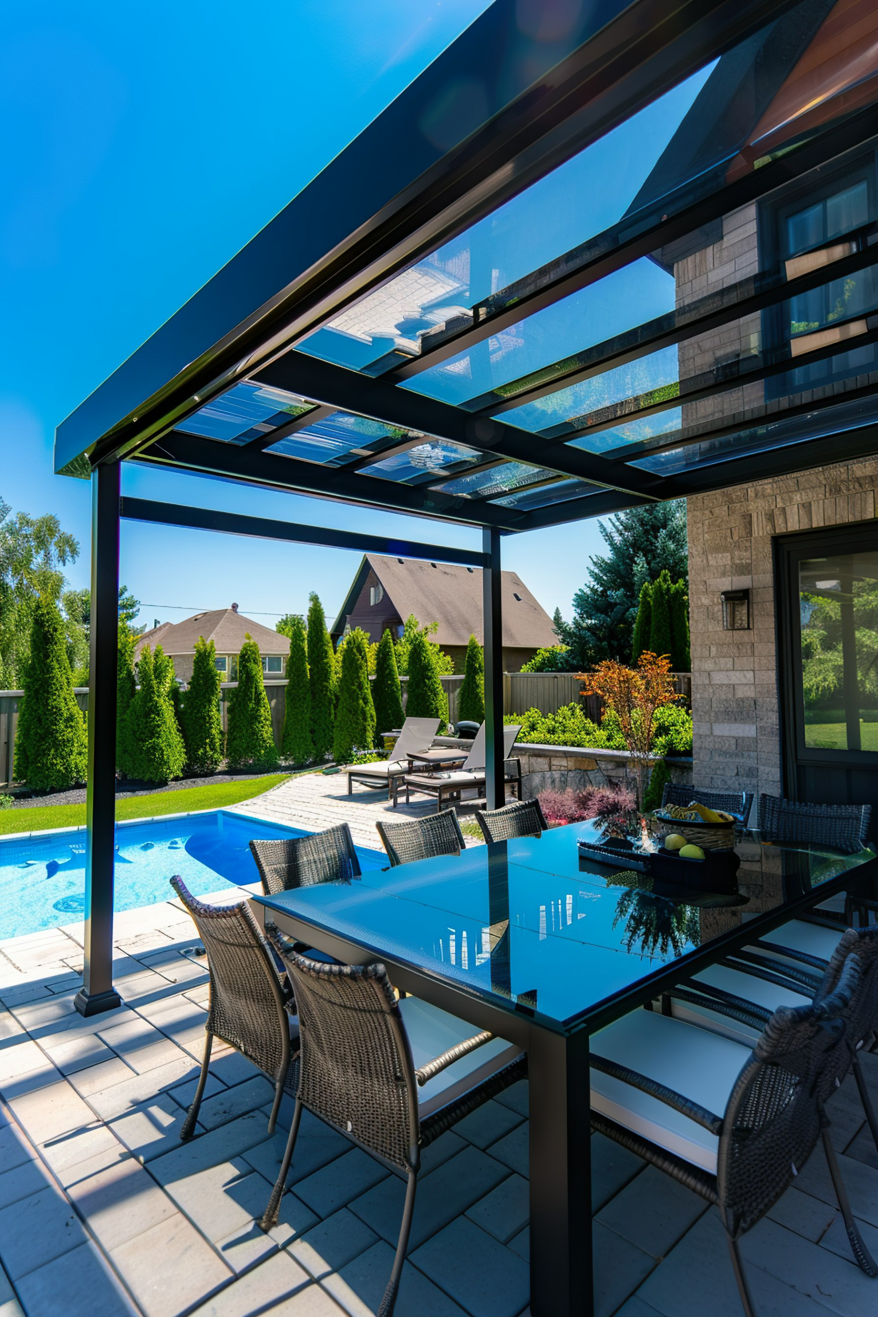 Outdoor patio with a dining set under a pergola, adjacent to a swimming pool, surrounded by greenery on a sunny day.