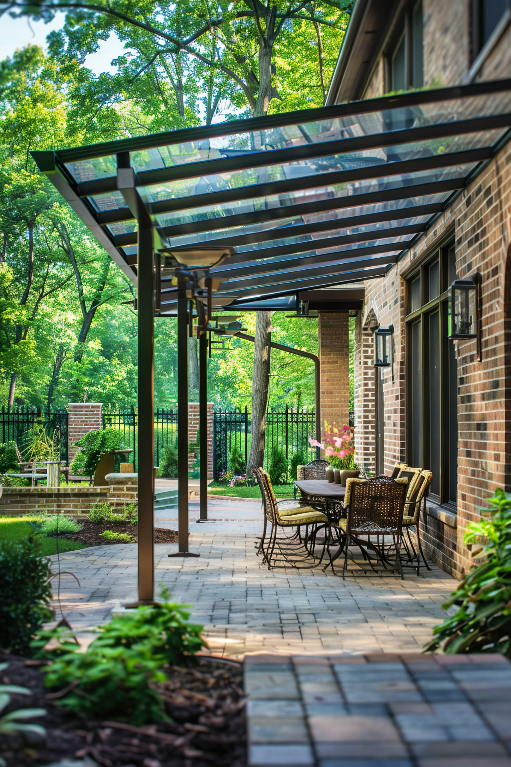 Cozy outdoor patio with furniture under a glass-paneled pergola, adjacent to a brick house, surrounded by greenery and trees.