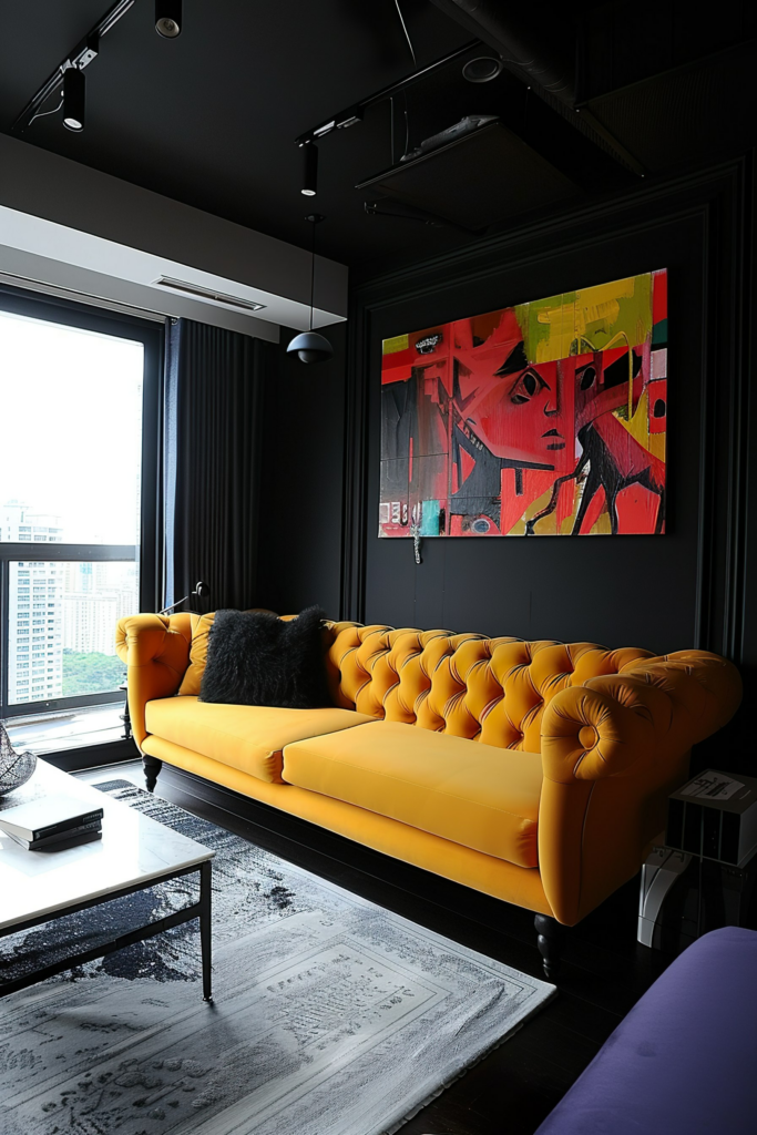 A stylish interior with a bold yellow tufted sofa, modern art on the wall, and panoramic windows overlooking a cityscape.