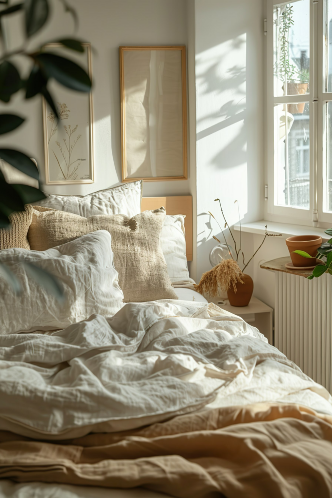 A cozy sunlit bedroom with an unmade bed, white linens, framed botanical prints, and plants by a window casting shadows.