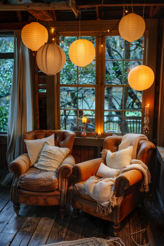 Cozy interior with two leather armchairs, warm blankets, and glowing paper lanterns, with a view of a garden through a window.