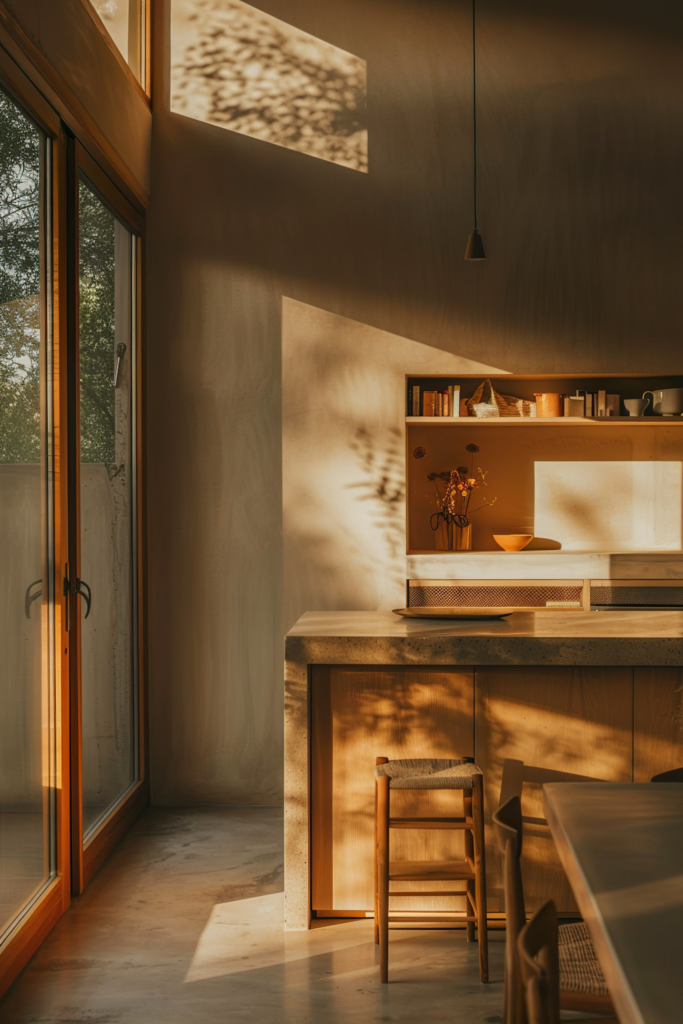 A warm, sunlit modern kitchen interior with wooden furniture and shadows cast by the morning light filtering through a glass door.
