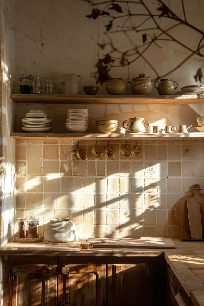 Sunlight streams through a kitchen window, casting shadows on a rustic wall with shelves of neatly arranged earthenware and plates.