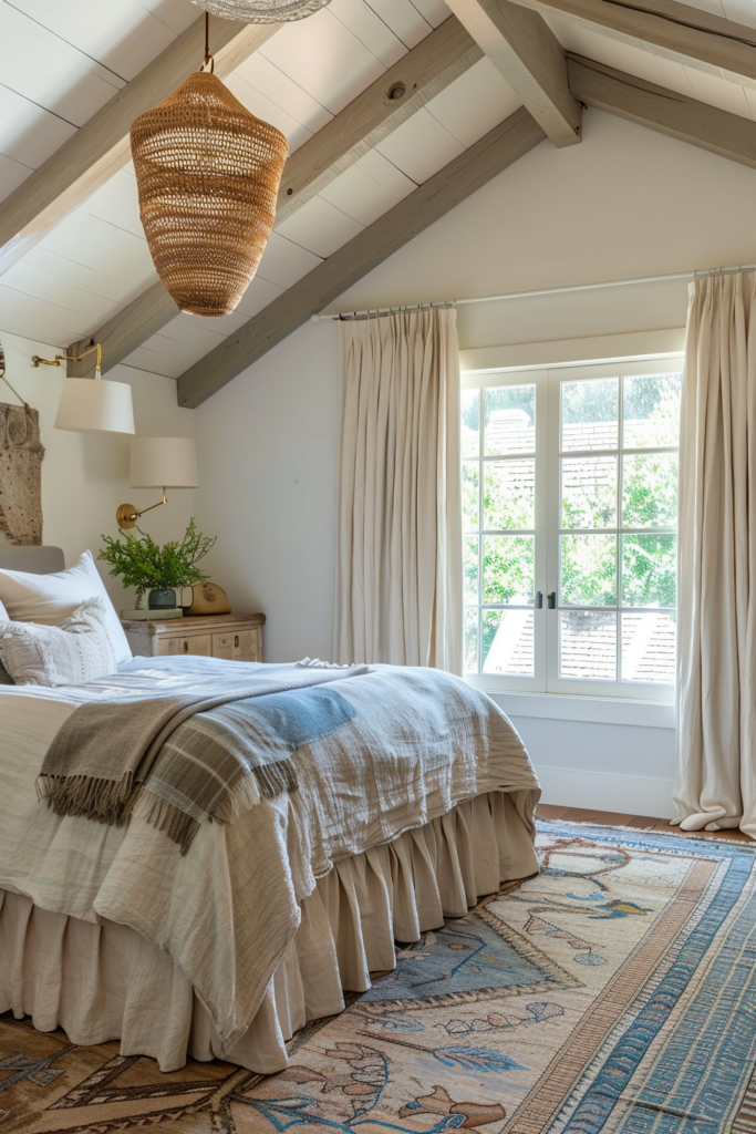 Cozy bedroom with a beamed ceiling, wicker pendant light, cream curtains, and a bed dressed in neutral linens with a fringed throw.
