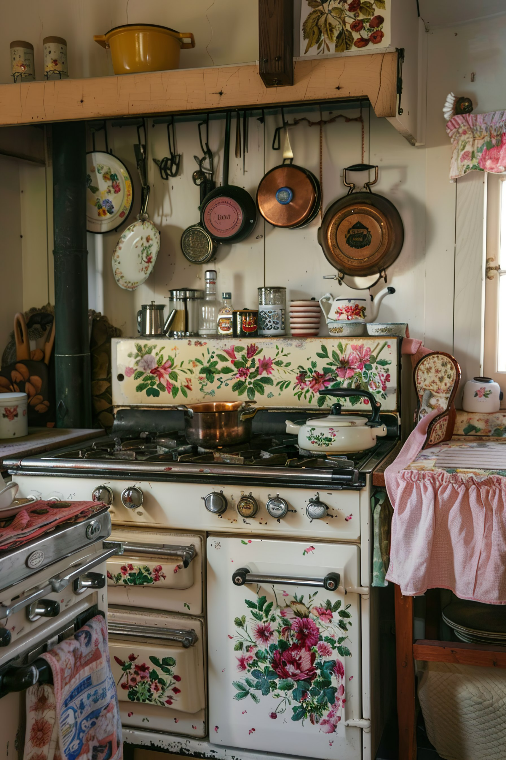 Vintage kitchen with a floral-patterned stove, hanging copper pans, and assorted cooking utensils.