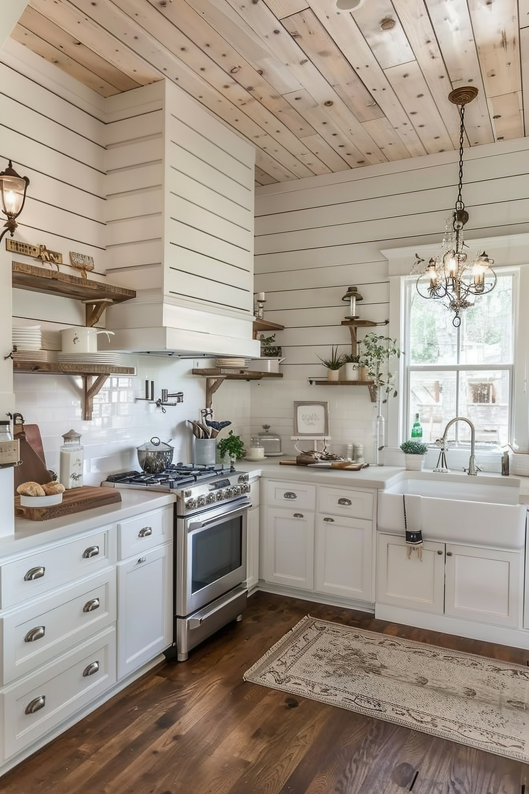 Rustic-style kitchen with white cabinetry, wooden shelves, a chandelier, and a classic stove, with natural light from a window.