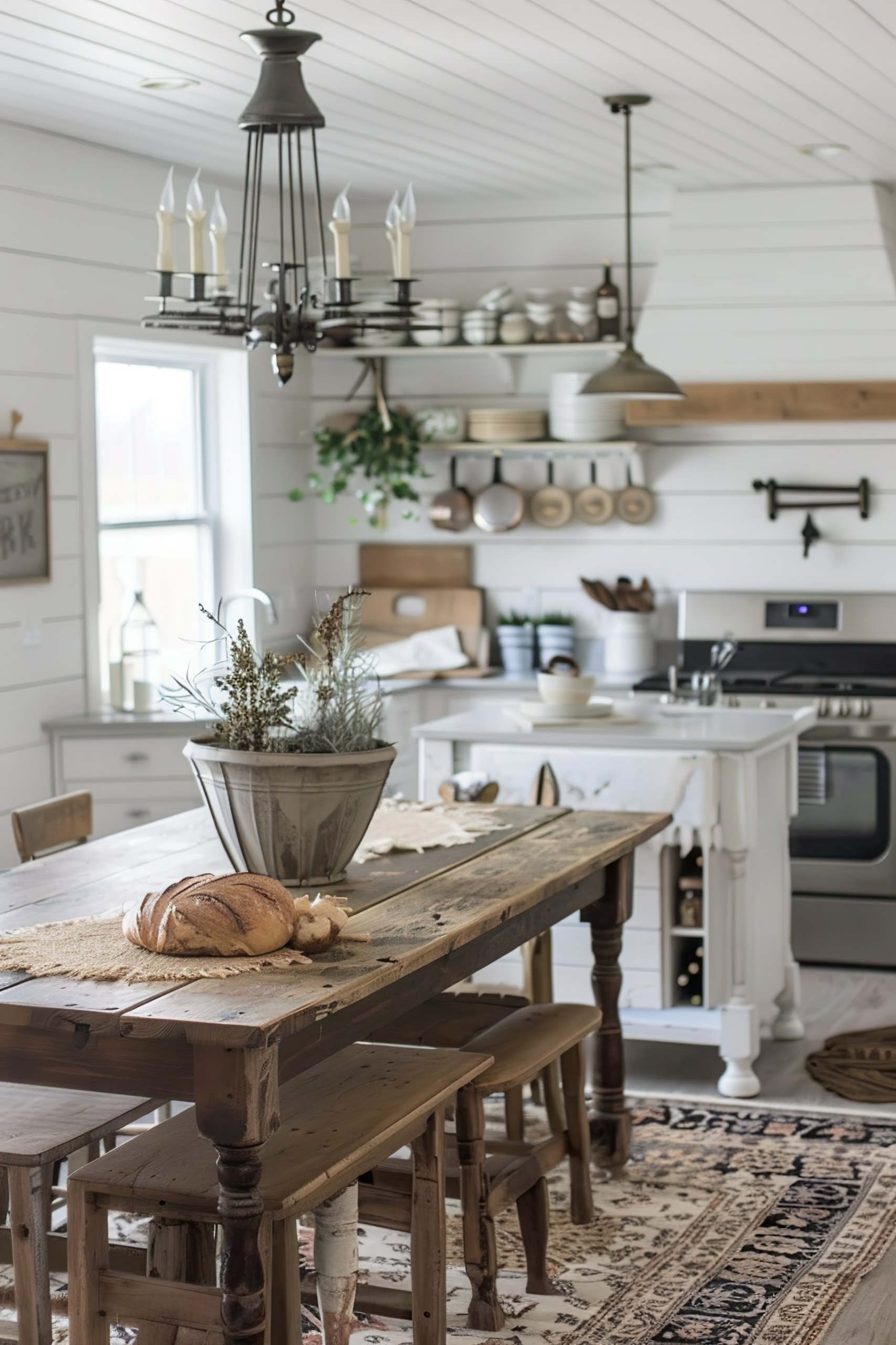 Rustic farmhouse kitchen with a wooden dining table, bread, plants, open shelving with dishes, and a traditional chandelier.